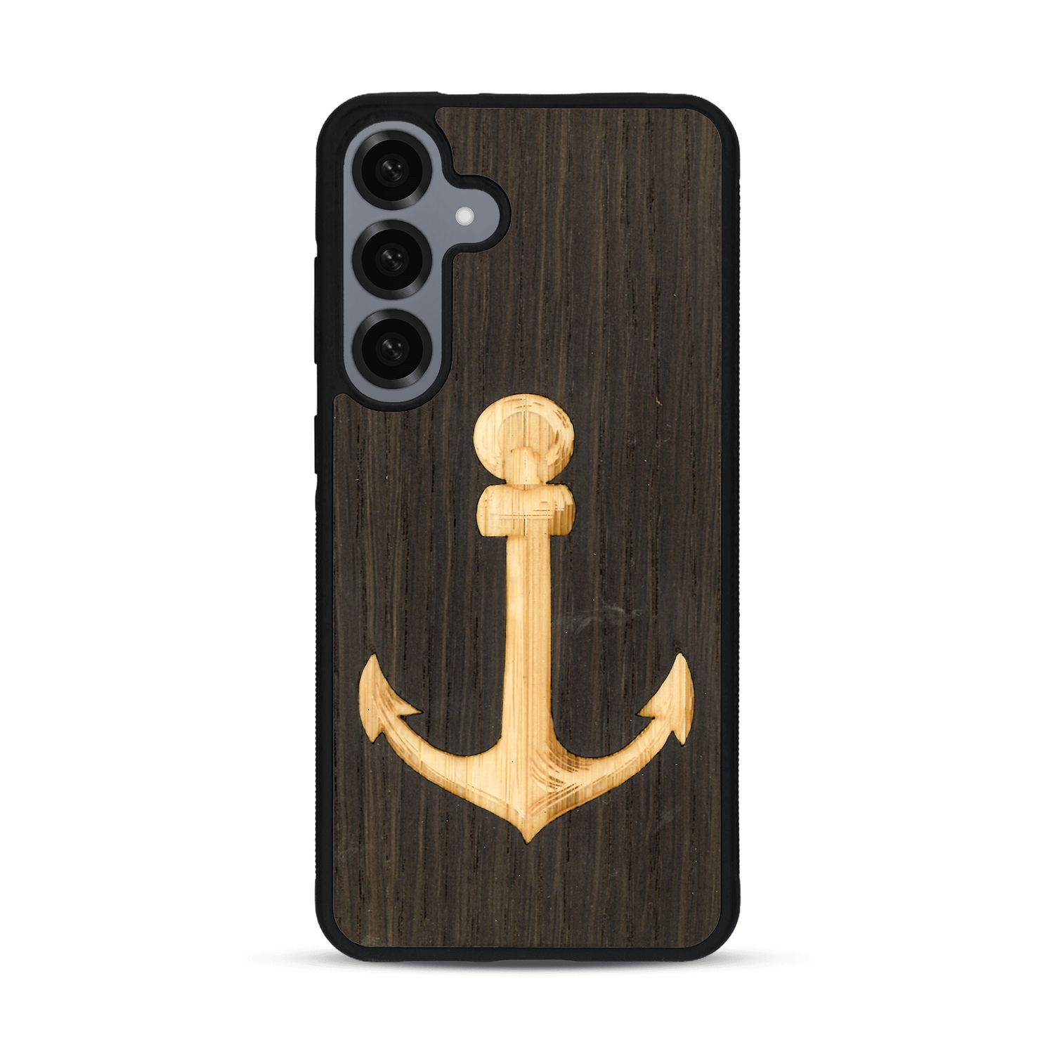 Coque de protection en bois véritable fabriquée en France pour  sur le thème nautique avec un bois clair et un bois foncé représentant une ancre de bateau