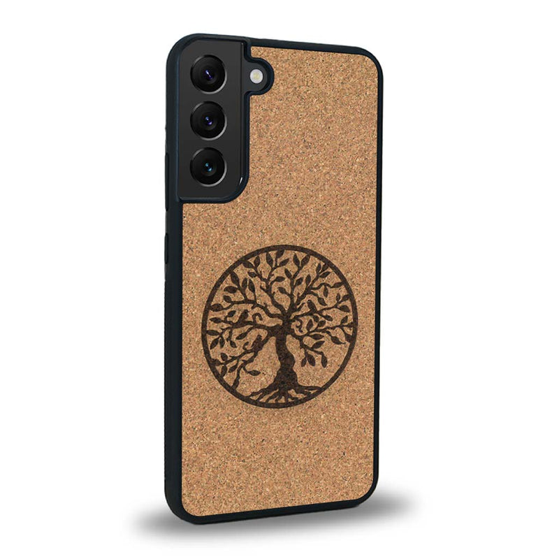 Coque de protection en bois véritable fabriquée en France pour Samsung S25+ sur le thème de la spiritualité et du yoga avec une gravure zen représentant un arbre de vie
