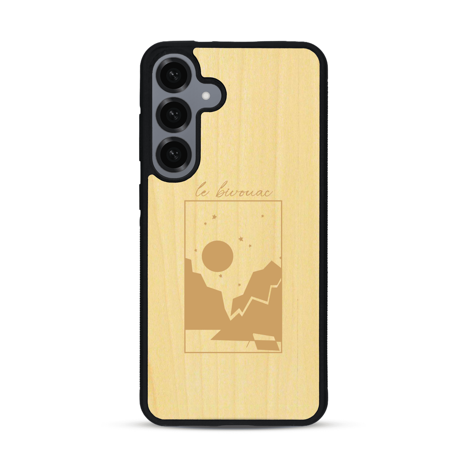 Coque de protection en bois véritable fabriquée en France pour  sur le thème du camping en pleine nature et du bivouac avec la phrase "Aventure is out there"
