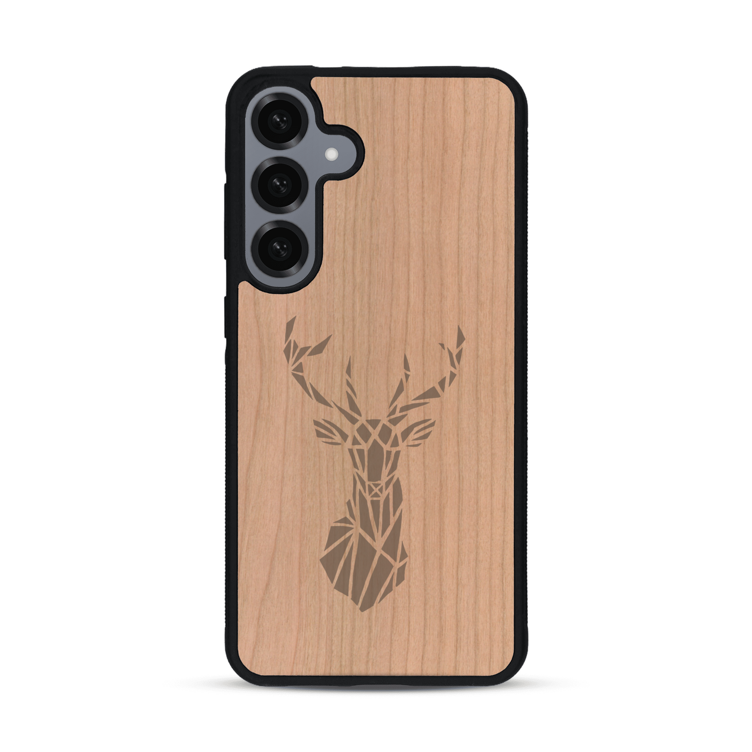 Coque de protection en bois véritable fabriquée en France pour  sur le thème de la nature et des animaux représentant une tête de cerf gométrique avec un design moderne et minimaliste