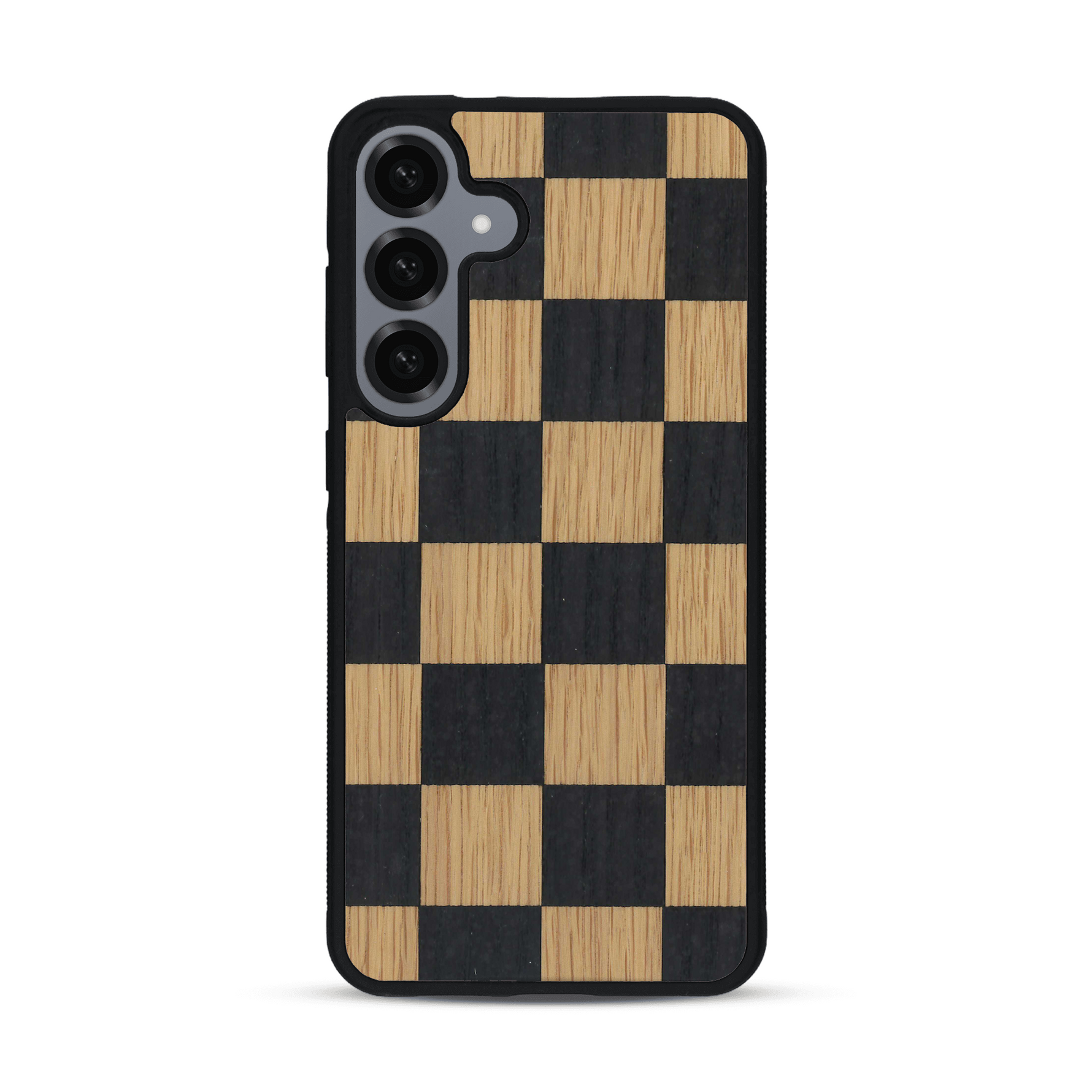 Coque de protection en bois véritable fabriquée en France pour  alliant plusieurs essences de bois pour représenter un damier