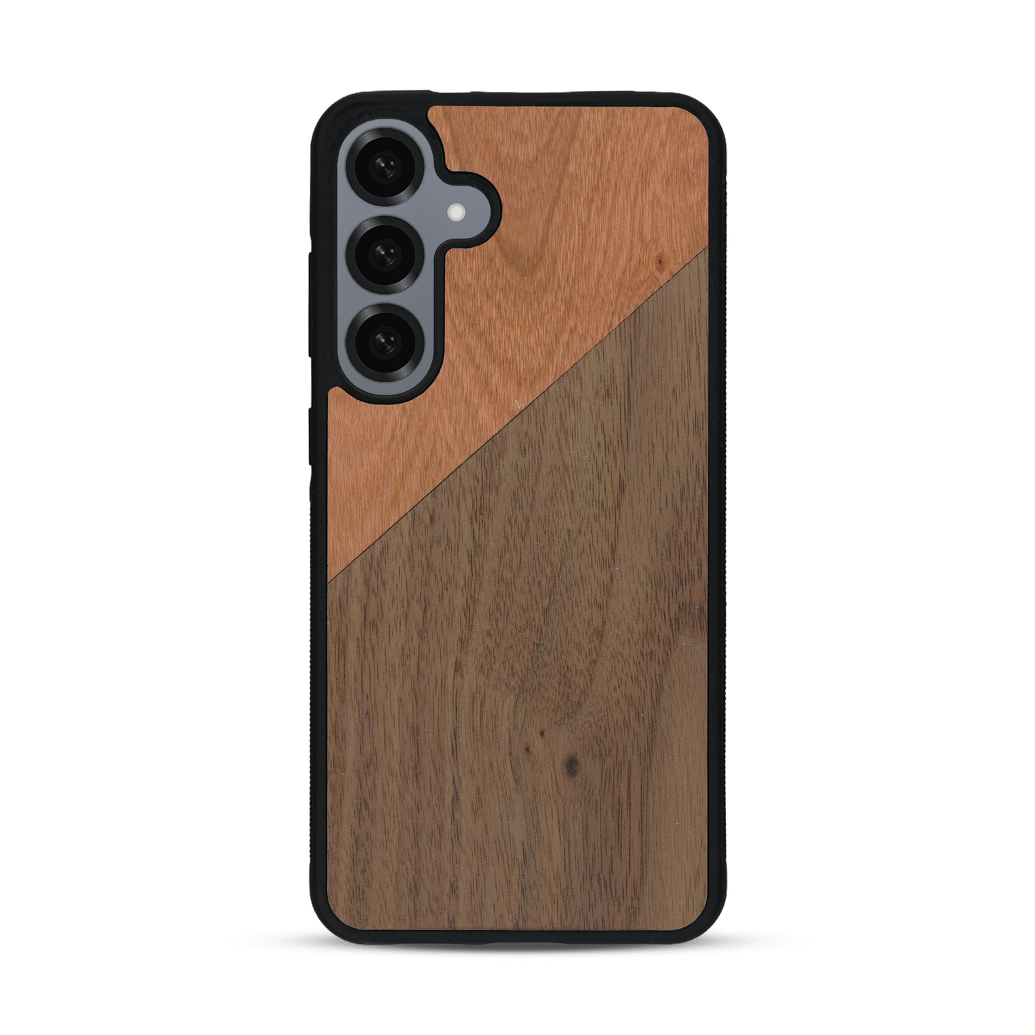 Coque de protection en bois véritable fabriquée en France pour  alliant du merisier et du noyer formant chacun un triangle avec une jointure en diagonale sur le thème de l'art abstrait