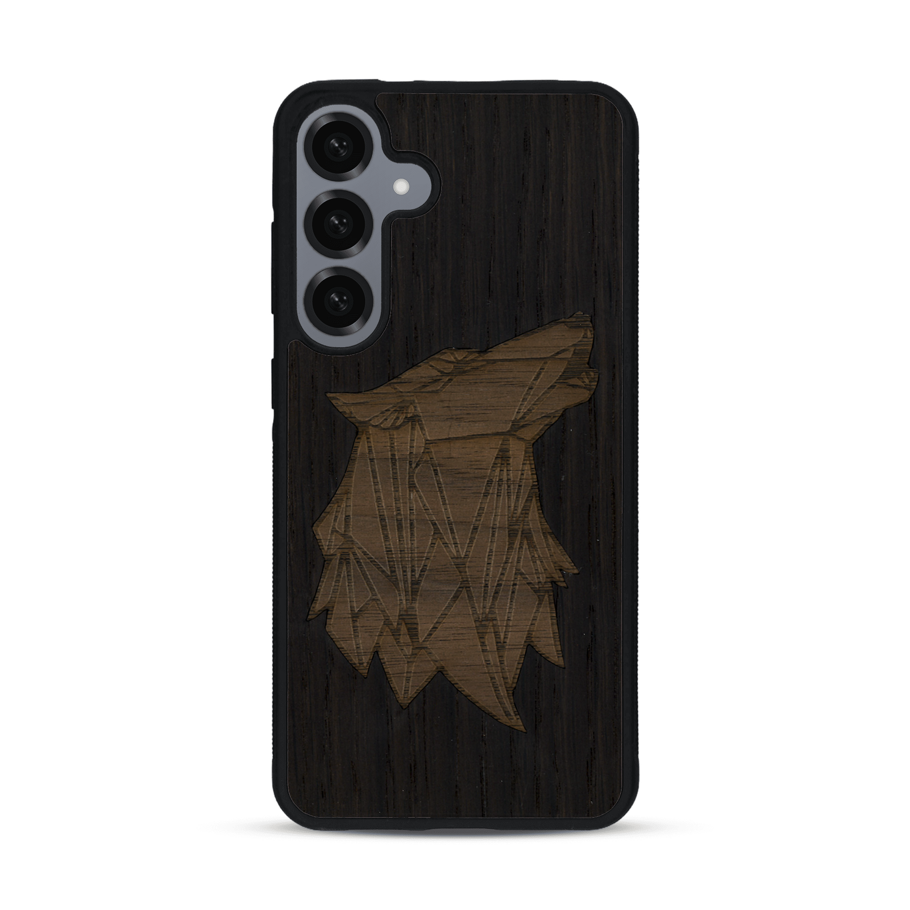 Coque de protection en bois véritable fabriquée en France pour  alliant du chêne fumé et du noyer représentant une tête de loup géométrique de profil sur le thème des animaux et de la nature