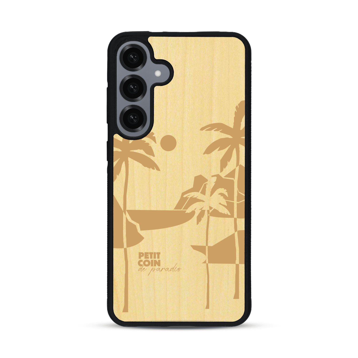 Coque de protection en bois véritable fabriquée en France pour  sur le thème des voyages en vans, vanlife et chill avec une gravure représentant un van vw combi devant le soleil couchant sur une plage avec des vagues