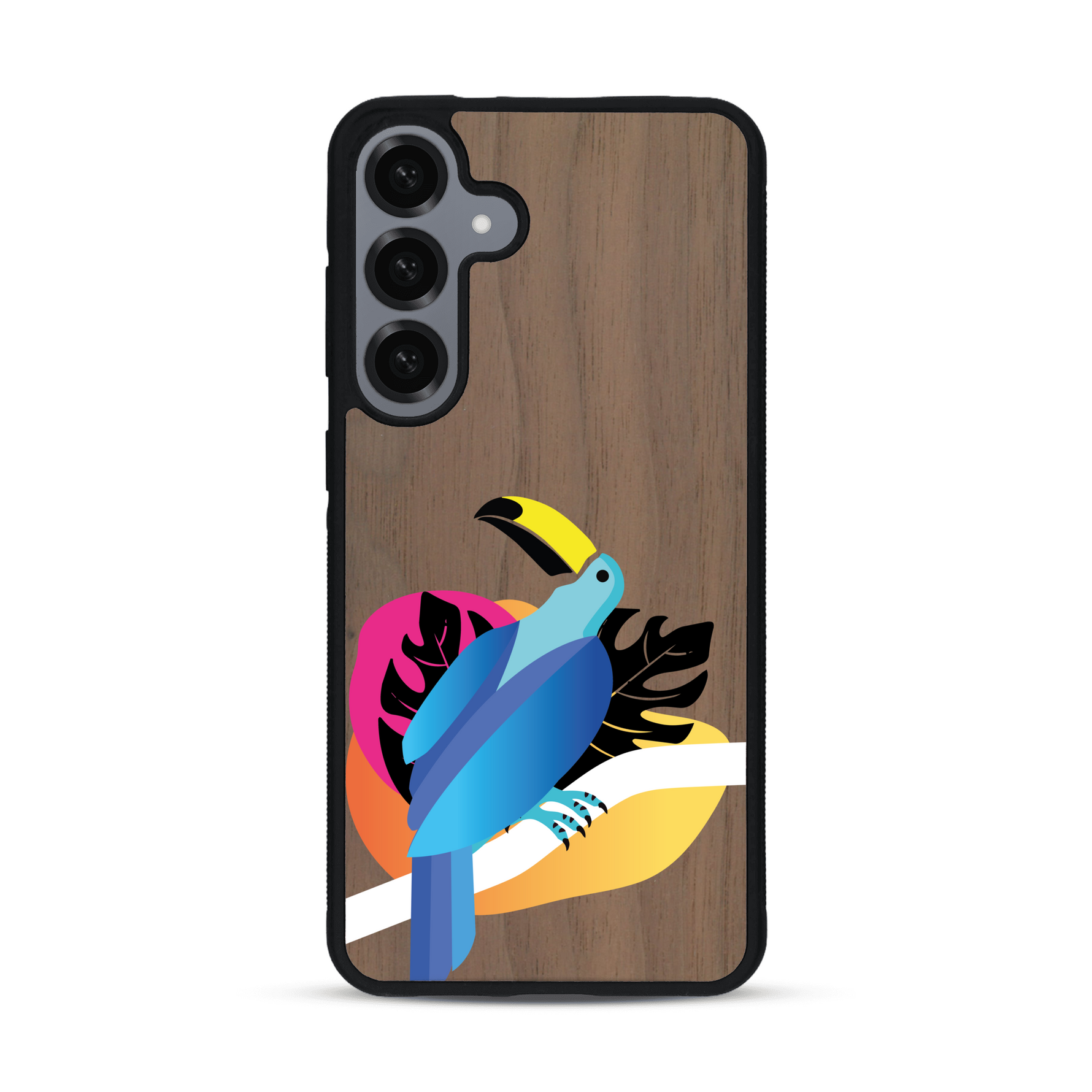 Coque de protection en bois véritable fabriquée en France pour Samsung S25+ représentant un toucan coloré avec un design moderne et minimaliste sur le thème de la jungle et de la nature