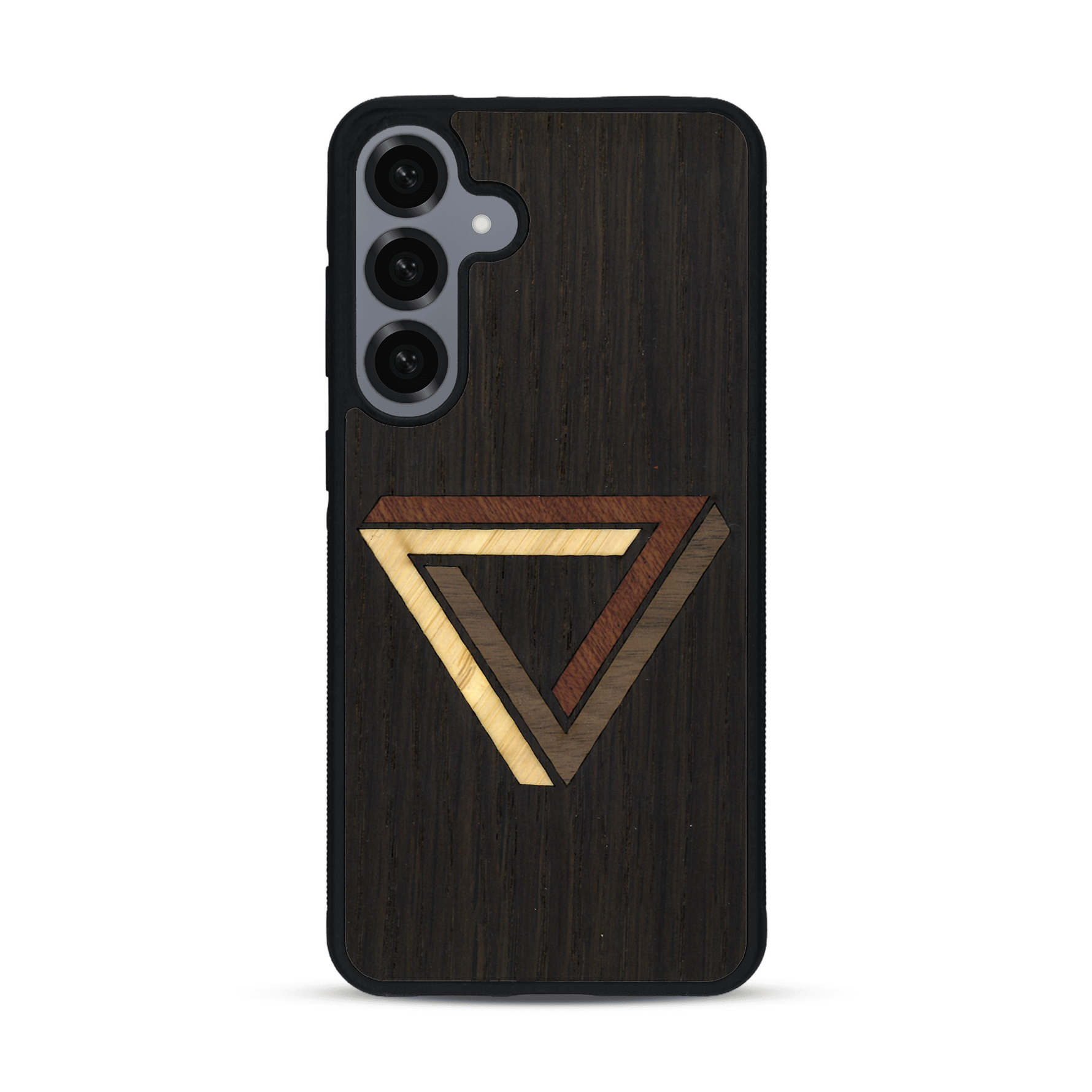 Coque de protection en bois véritable fabriquée en France pour  sur le thème de l'art géométrique qui allie du chêne fumé, du noyer, du bambou et du padouk représentant le triangle de penrose