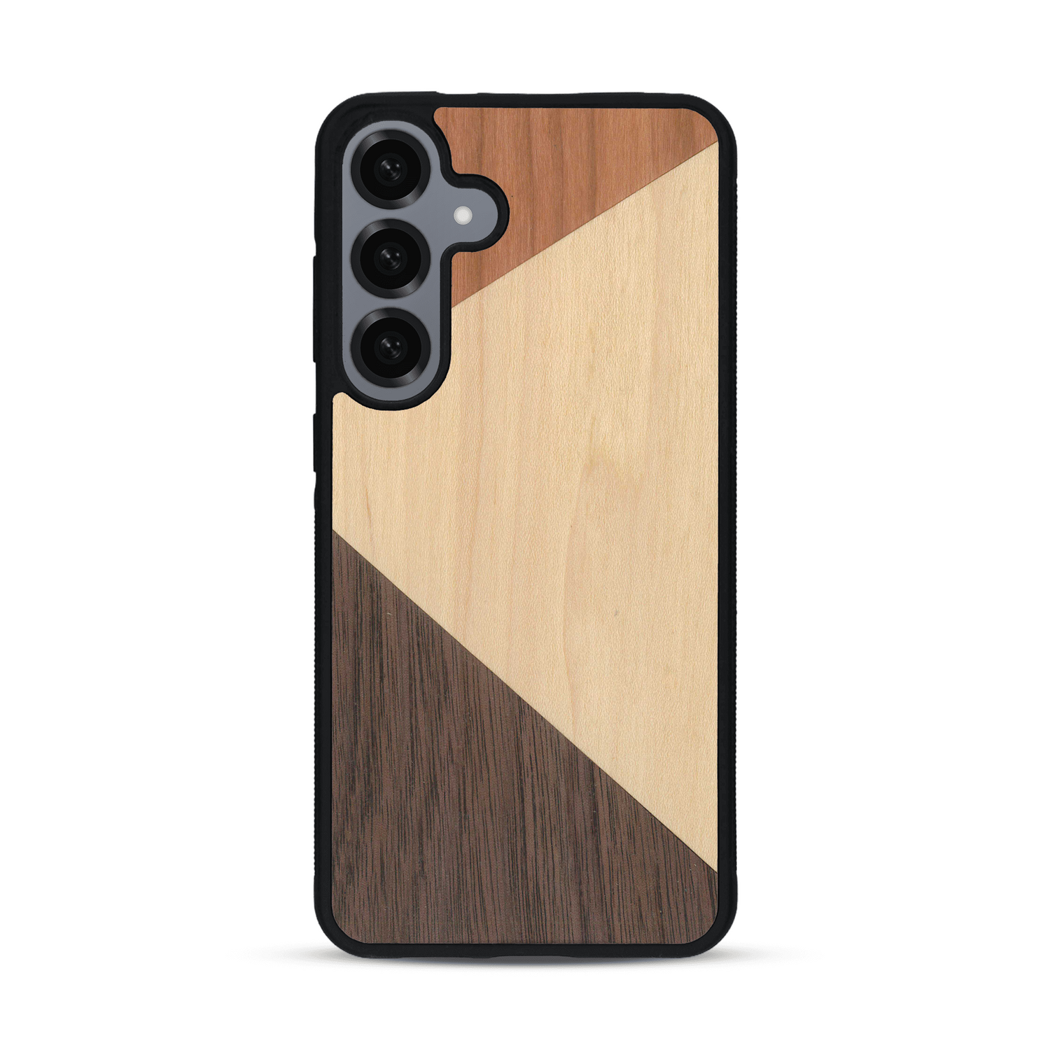 Coque de protection en bois véritable fabriquée en France pour  alliant du merisier, du noyer et du bambou formant chacun deux triangles et un trapèze avec deux jointures en diagonale sur le thème de l'art abstrait