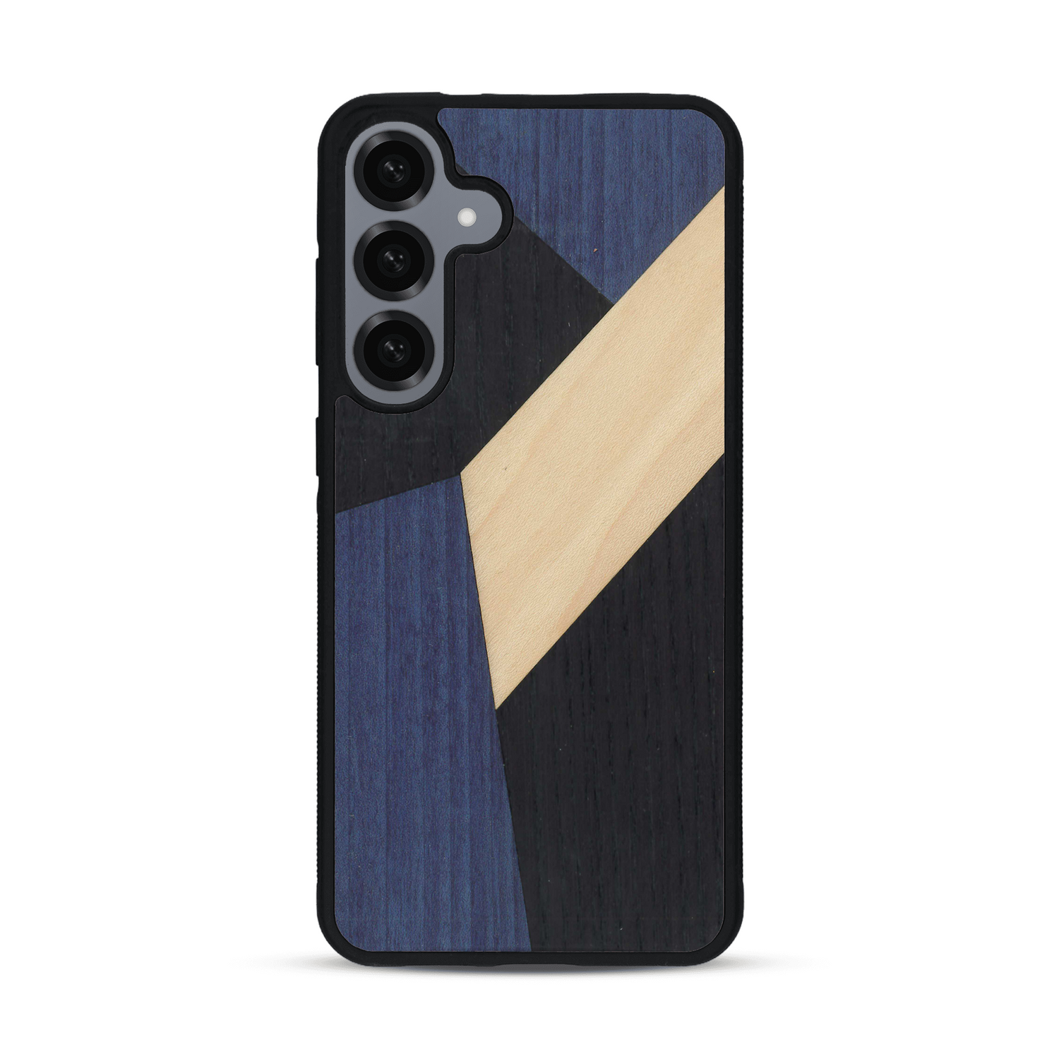 Coque de protection en bois véritable fabriquée en France pour  alliant du bambou, du tulipier bleu et noir en forme de mosaïque minimaliste sur le thème de l'art abstrait