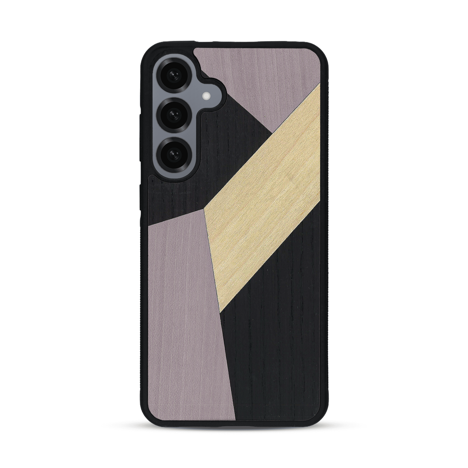 Coque de protection en bois véritable fabriquée en France pour  alliant du bambou, du tulipier mauve et noir en forme de mosaïque minimaliste sur le thème de l'art abstrait
