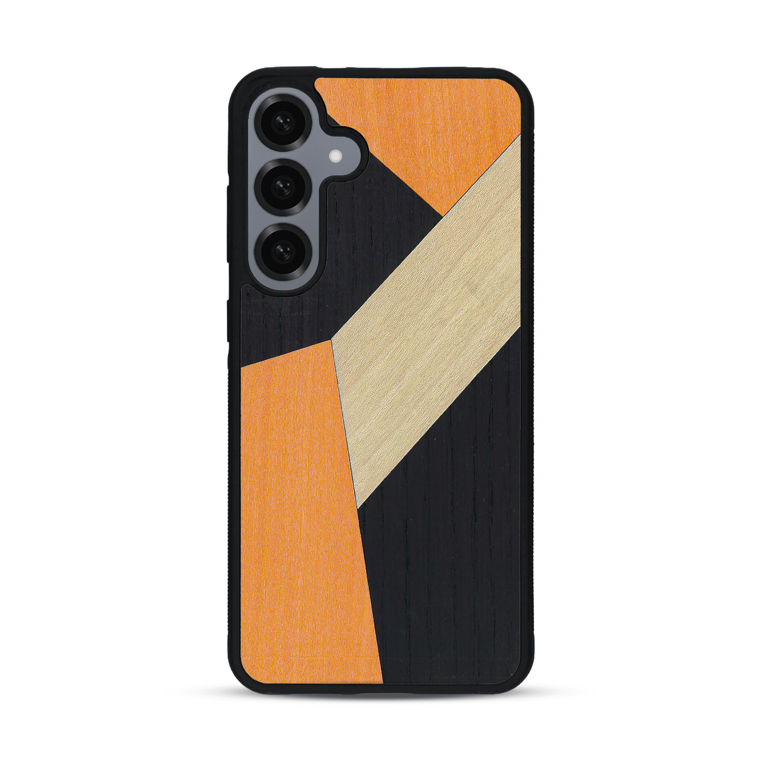 Coque de protection en bois véritable fabriquée en France pour  alliant du bambou, du tulipier orange et noir en forme de mosaïque minimaliste sur le thème de l'art abstrait