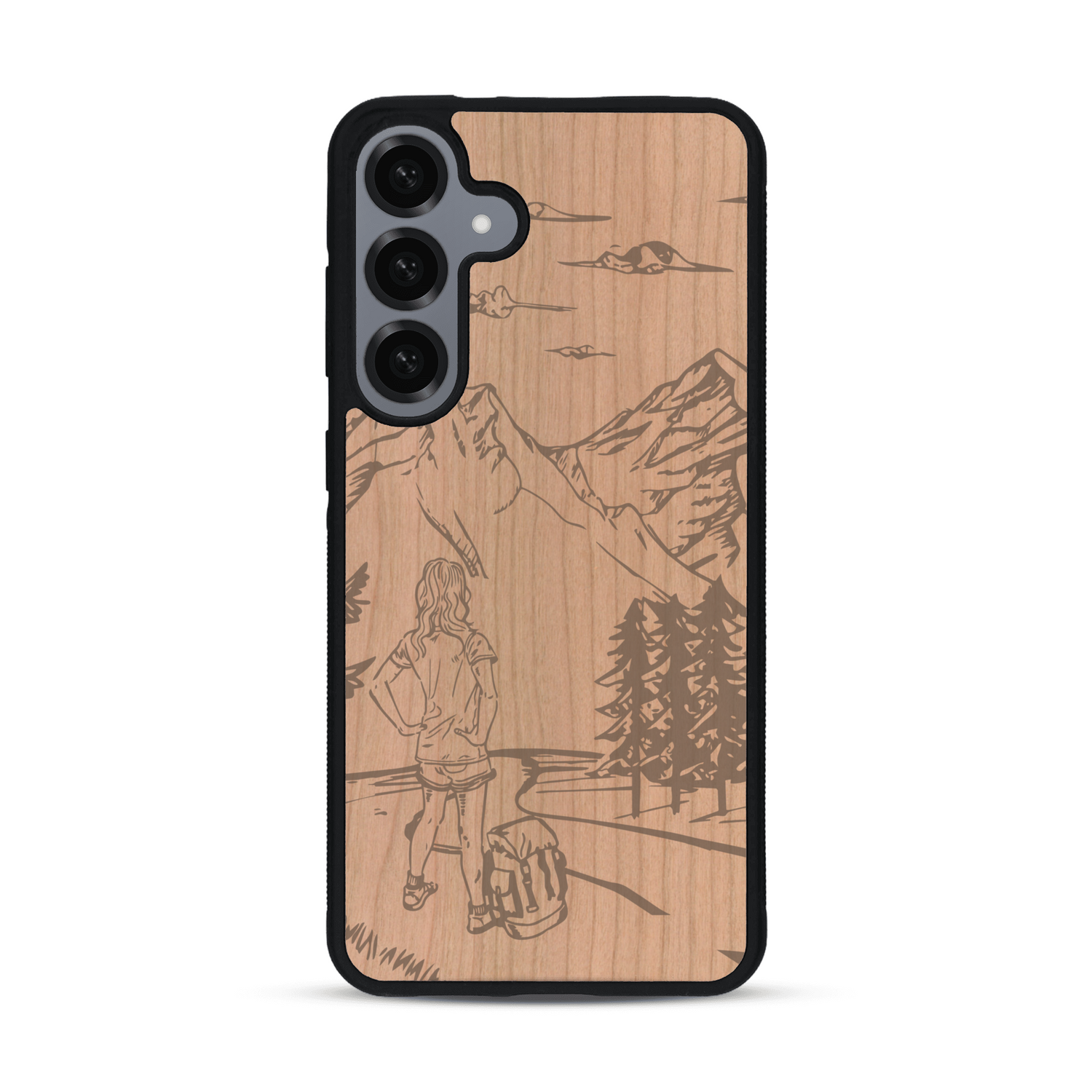 Coque de protection en bois véritable fabriquée en France pour  sur le thème de la randonnée en montagne et de l'aventure avec une gravure représentant une femme de dos face à un paysage de nature