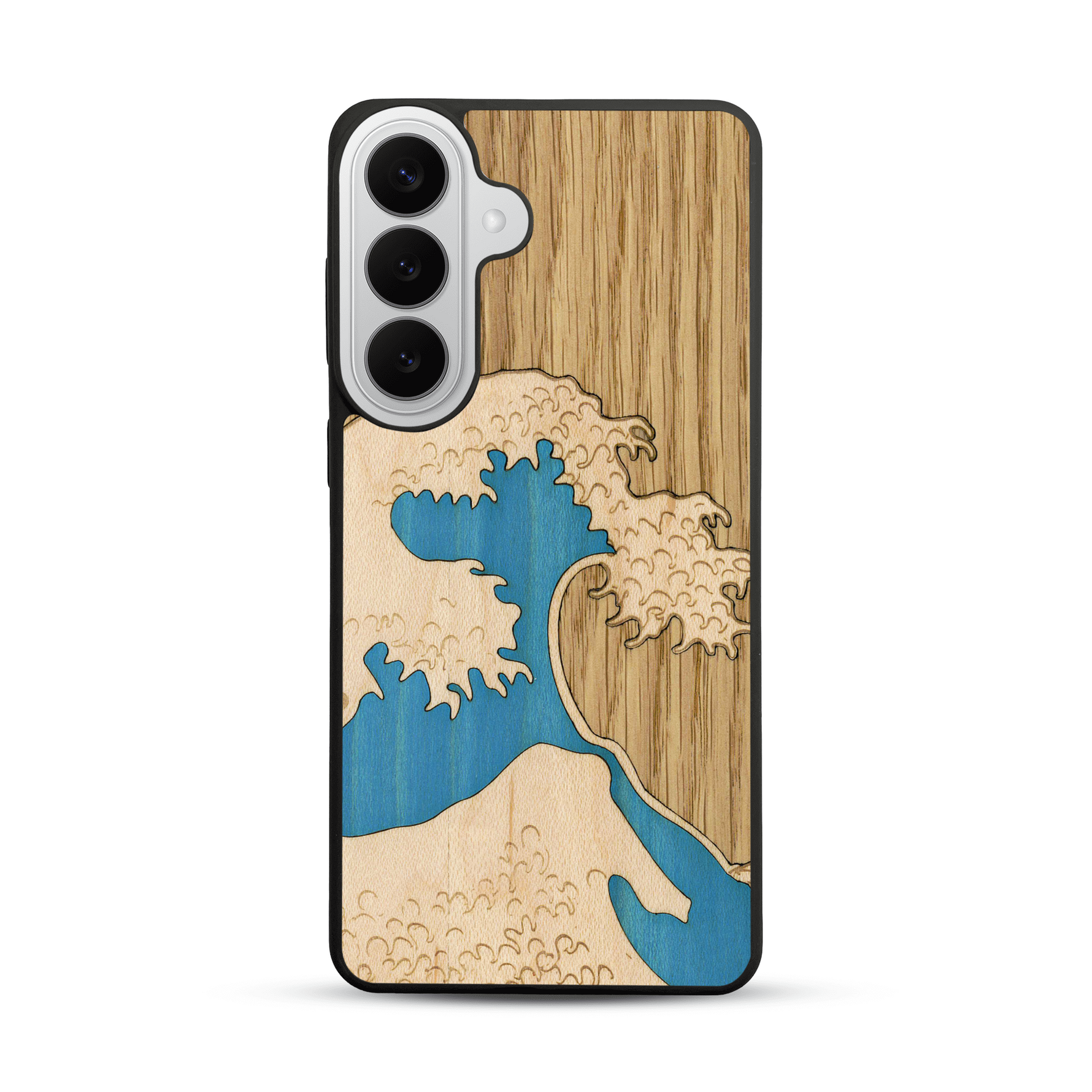 Coque de protection en bois véritable fabriquée en France pour  alliant plusieurs essences de bois pour représenter la célèbre grande vague de Kanagawa