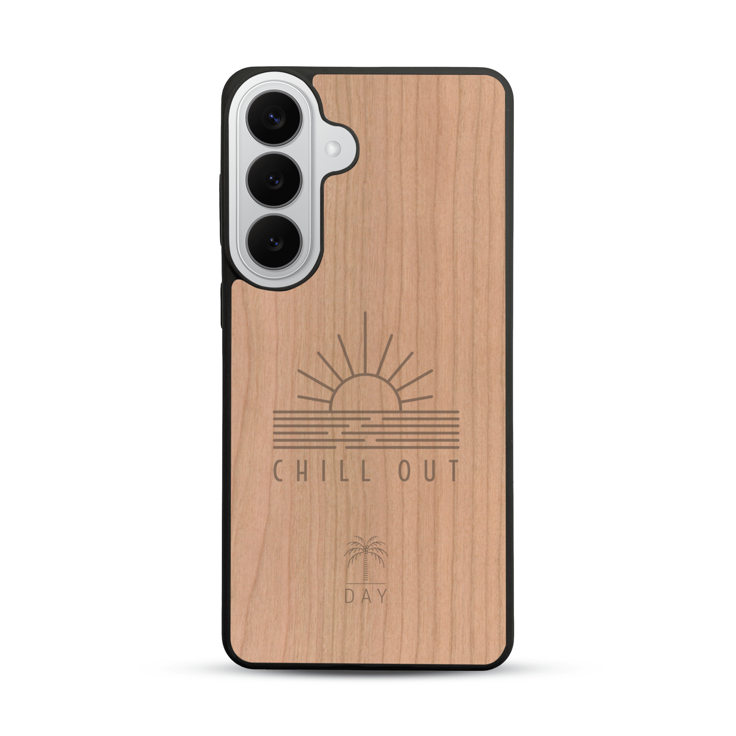 Coque de protection en bois véritable fabriquée en France pour  sur le thème chill avec un motif représentant un couché de soleil sur l'océan et la phrase "Chill out"