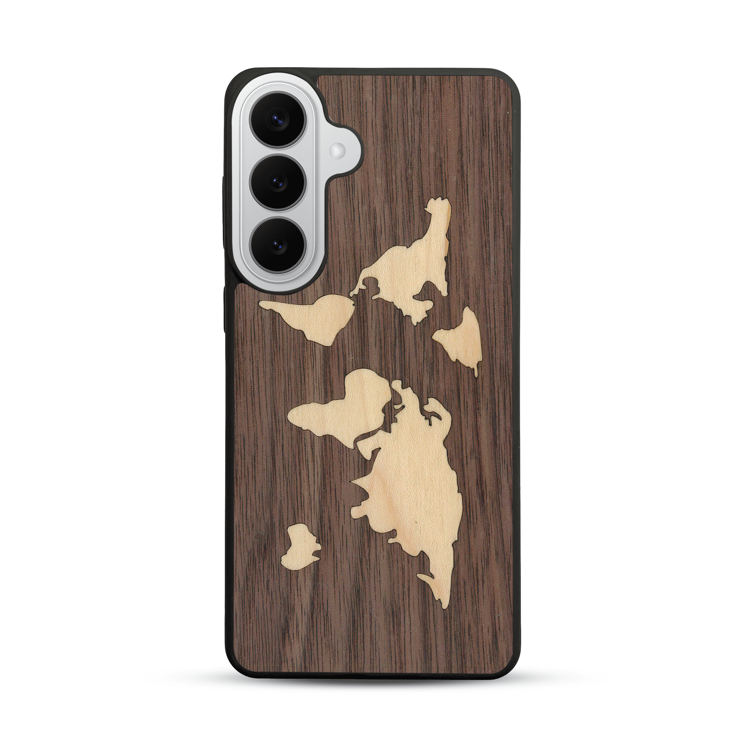 Coque de protection en bois véritable fabriquée en France pour  alliant du bambou et du noyer sur le thème du voyage et de l'aventure représentant une mappemonde