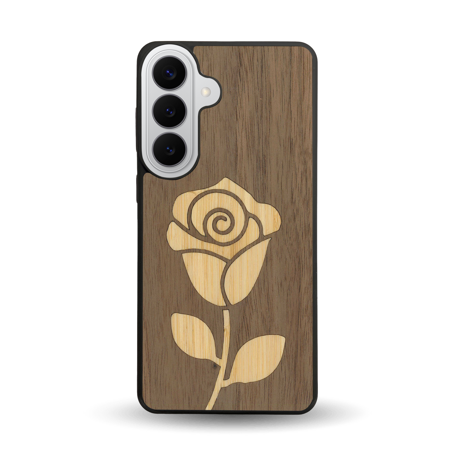 Coque de protection en bois véritable fabriquée en France pour  alliant plusieurs essences de bois pour représenter une rose