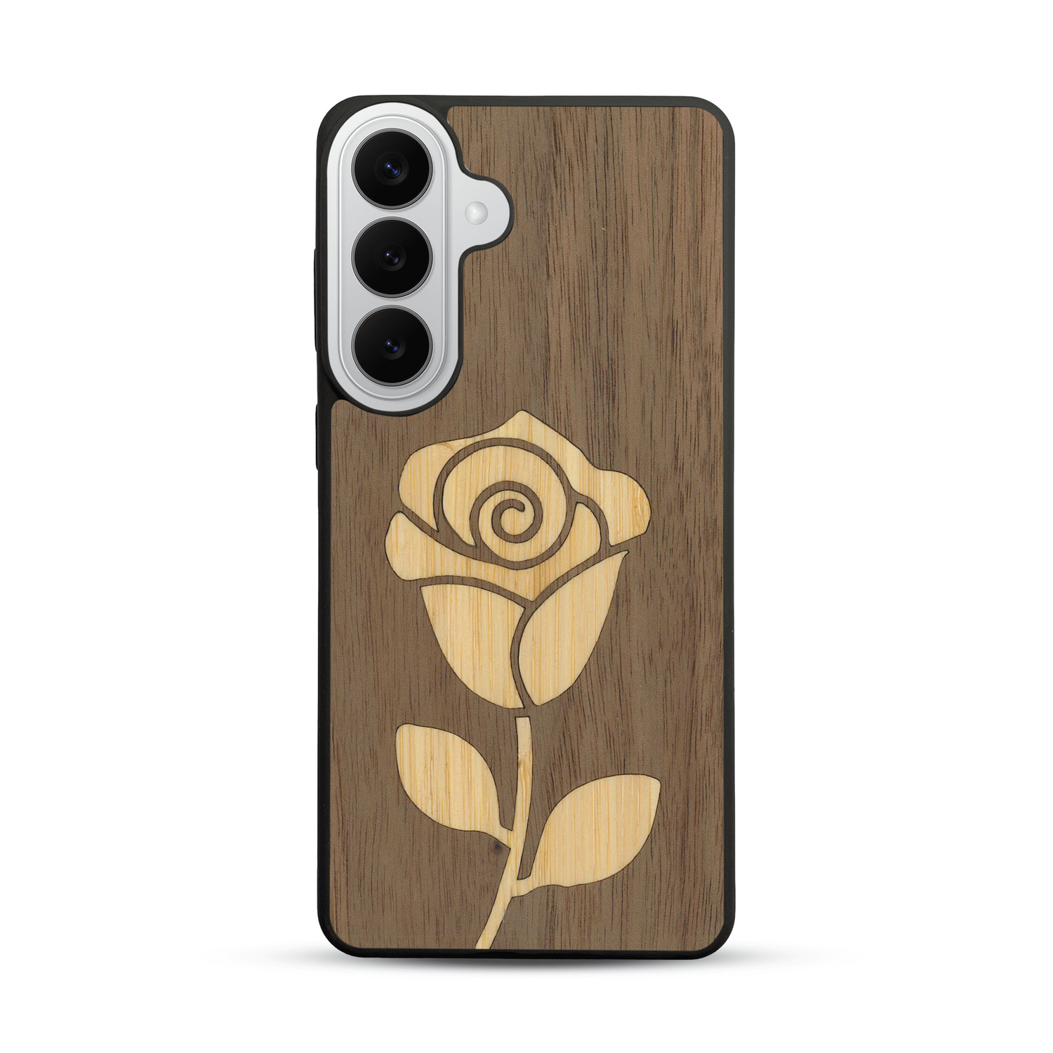 Coque de protection en bois véritable fabriquée en France pour  alliant plusieurs essences de bois pour représenter une rose