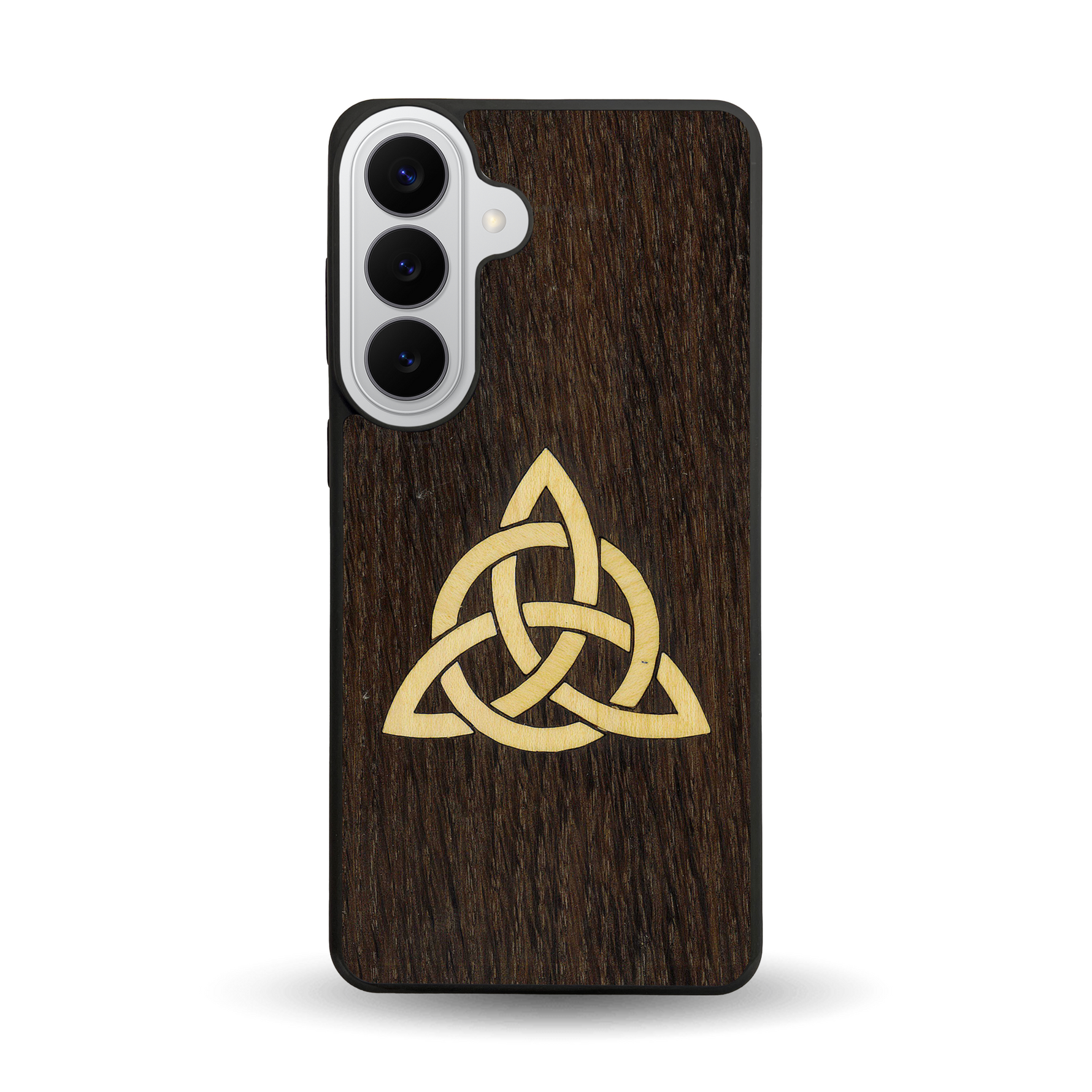 Coque de protection en bois véritable fabriquée en France pour  alliant du chêne fumé et du bambou représentant une triquetra