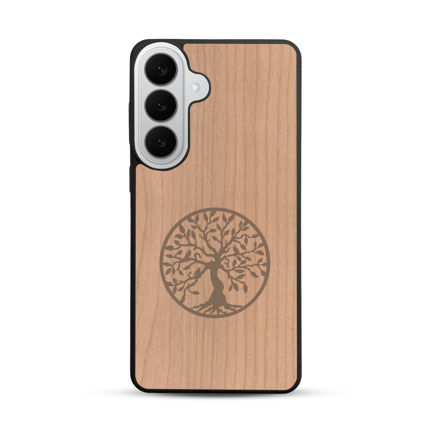 Coque de protection en bois véritable fabriquée en France pour  sur le thème de la spiritualité et du yoga avec une gravure zen représentant un arbre de vie