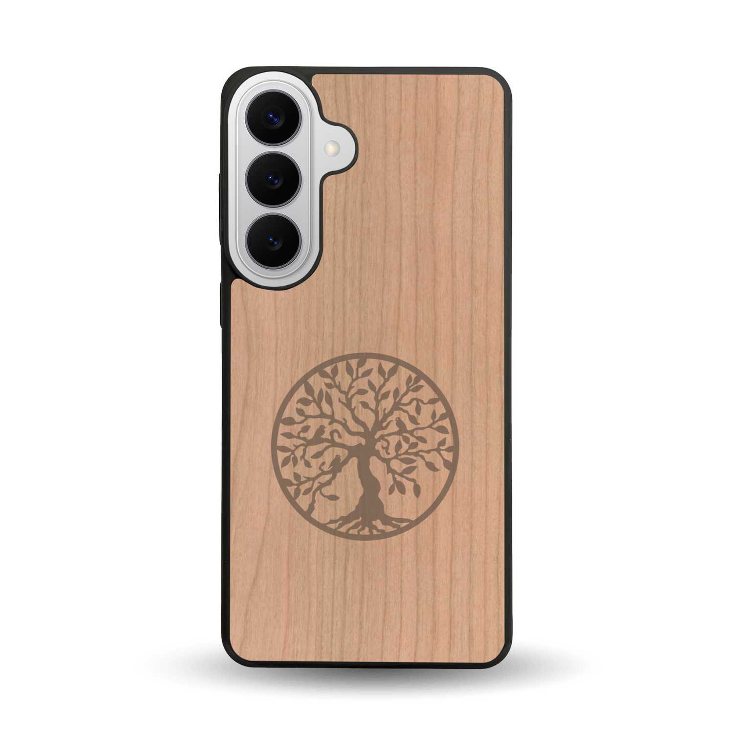 Coque de protection en bois véritable fabriquée en France pour  sur le thème de la spiritualité et du yoga avec une gravure zen représentant un arbre de vie