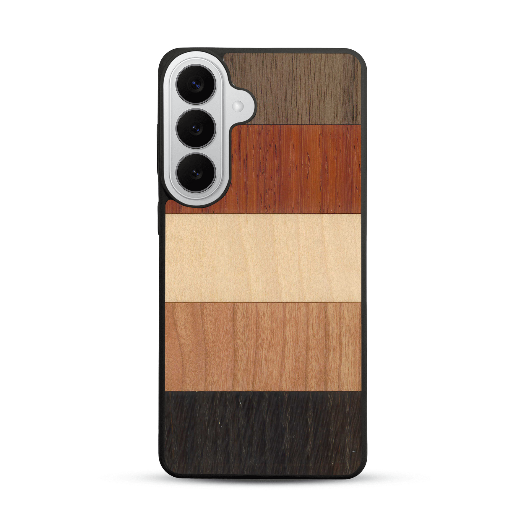 Coque de protection en bois véritable fabriquée en France pour  alliant des bandes horizontales de bambou, merisier, padouk, noyer et chêne fumé