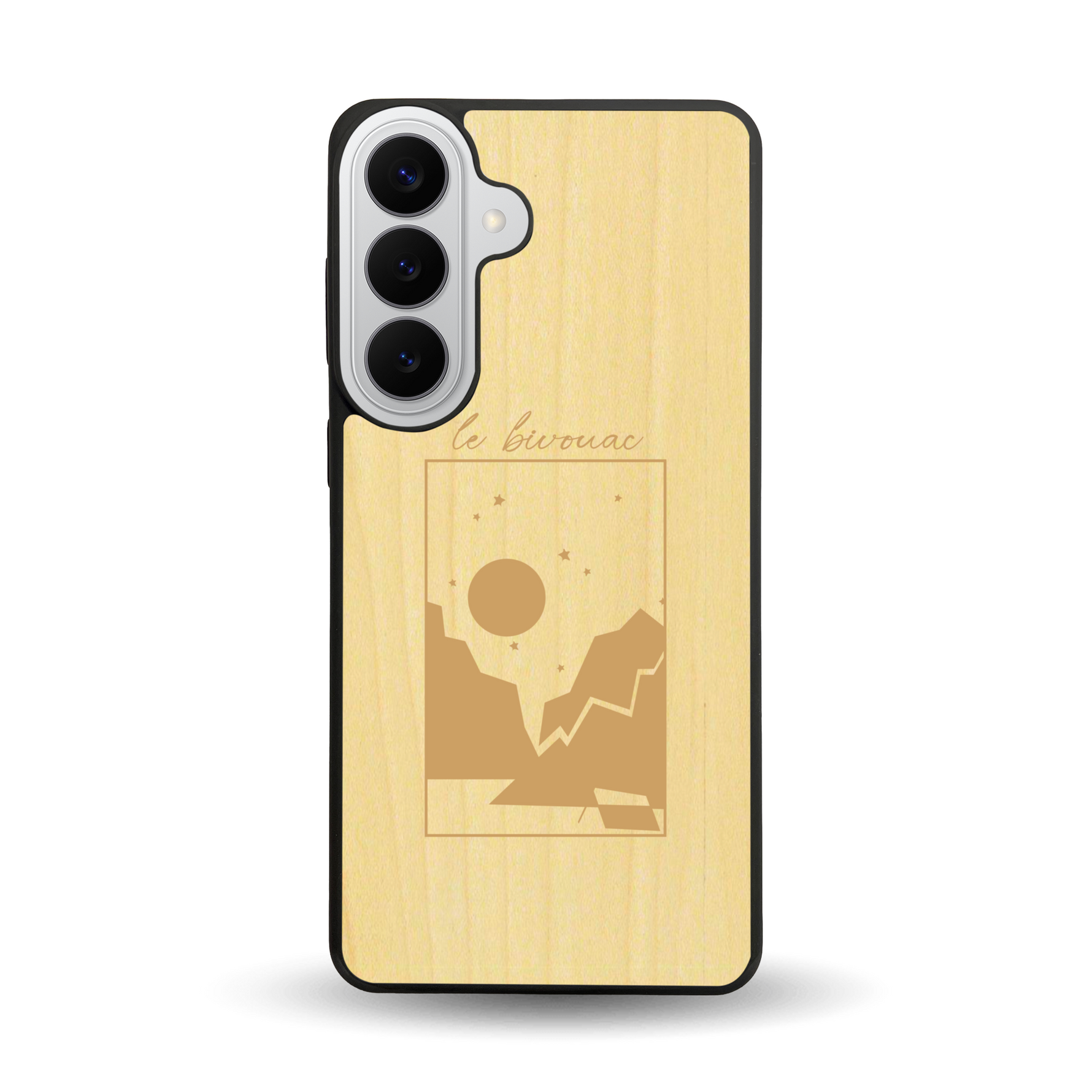 Coque de protection en bois véritable fabriquée en France pour  sur le thème du camping en pleine nature et du bivouac avec la phrase "Aventure is out there"