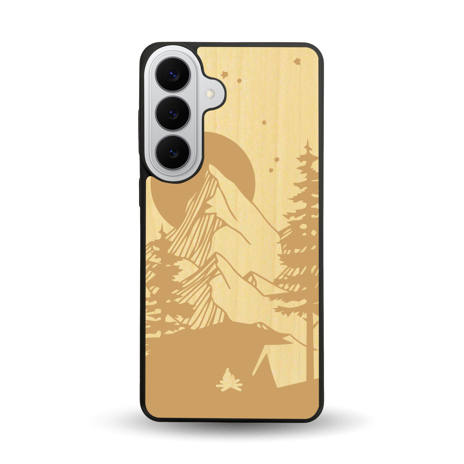 Coque de protection en bois véritable fabriquée en France pour  sur le thème du camping en pleine nature représentant une tente avec un feu de camp entouré de montagnes