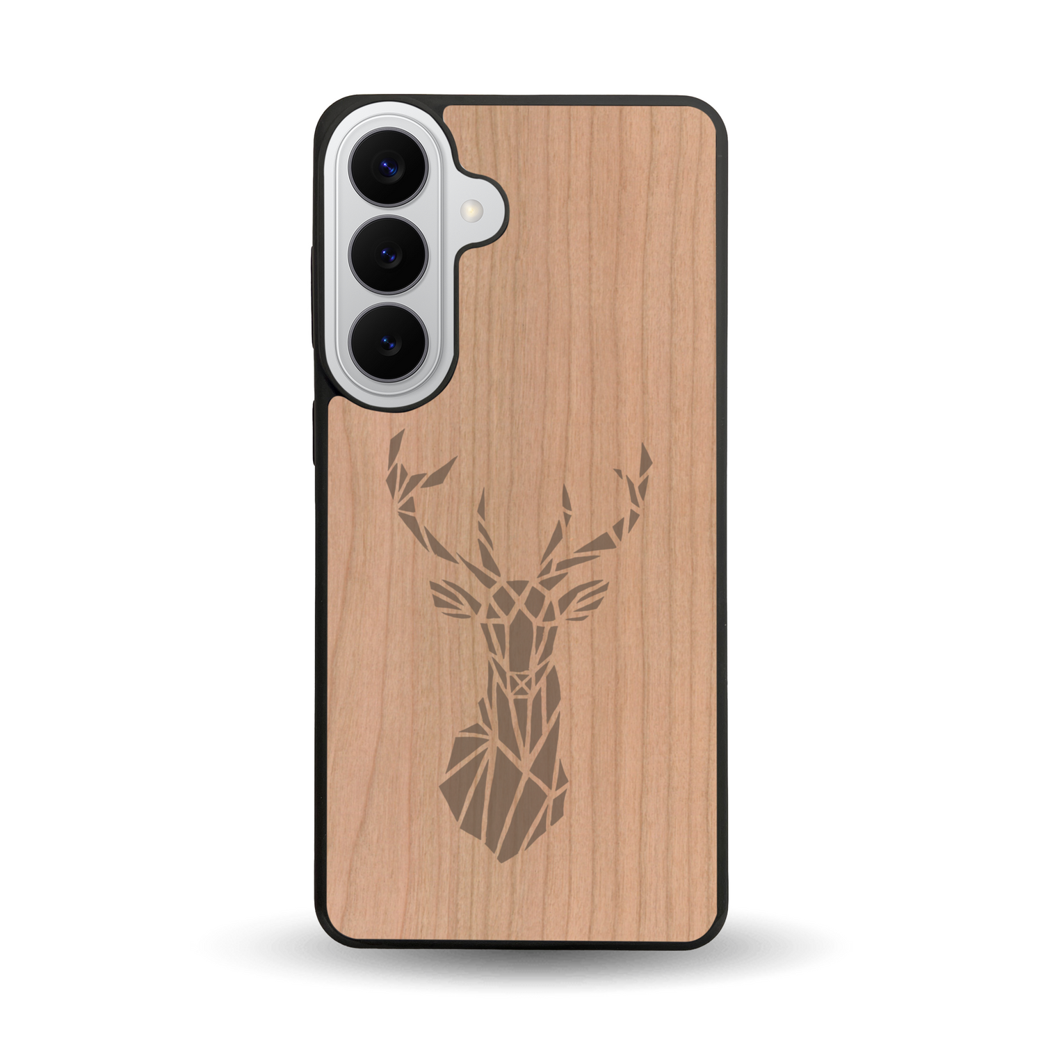 Coque de protection en bois véritable fabriquée en France pour  sur le thème de la nature et des animaux représentant une tête de cerf gométrique avec un design moderne et minimaliste