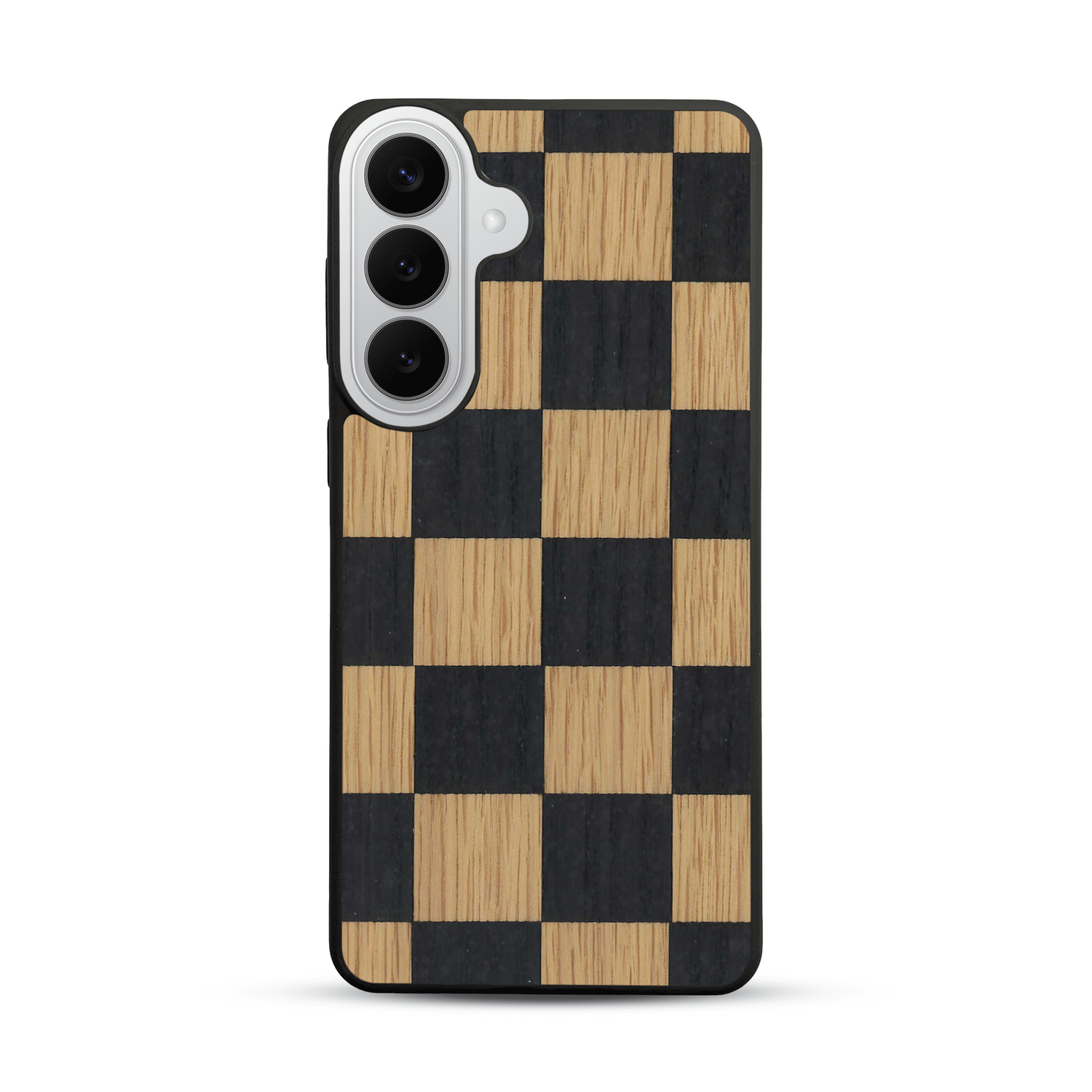 Coque de protection en bois véritable fabriquée en France pour  alliant plusieurs essences de bois pour représenter un damier
