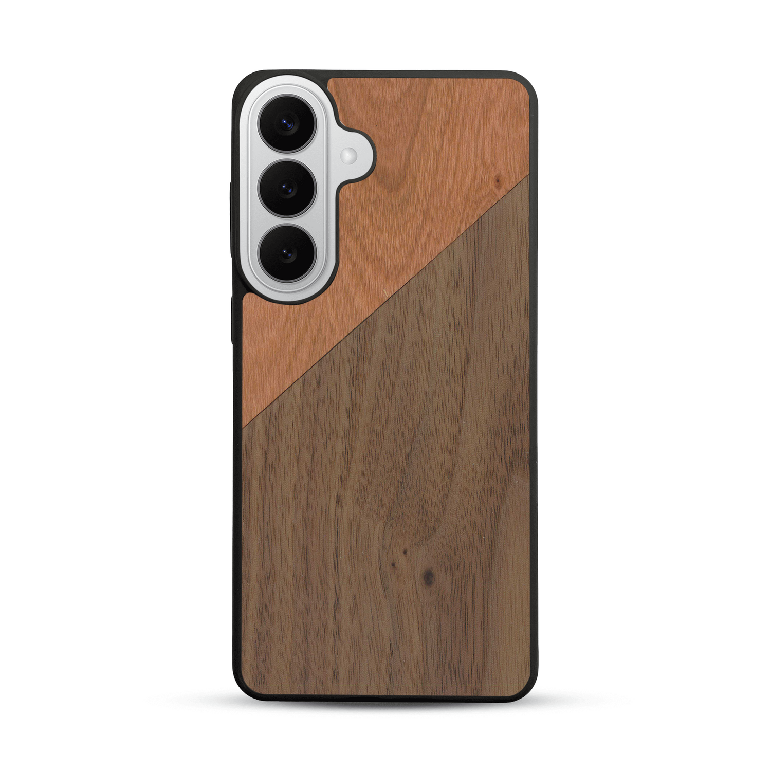 Coque de protection en bois véritable fabriquée en France pour  alliant du merisier et du noyer formant chacun un triangle avec une jointure en diagonale sur le thème de l'art abstrait