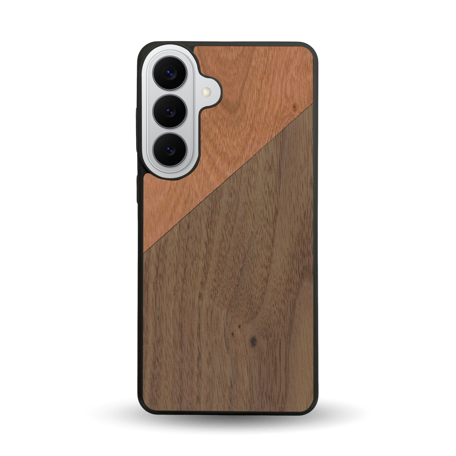 Coque de protection en bois véritable fabriquée en France pour  alliant du merisier et du noyer formant chacun un triangle avec une jointure en diagonale sur le thème de l'art abstrait