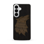 Coque de protection en bois véritable fabriquée en France pour  alliant du chêne fumé et du noyer représentant une tête de loup géométrique de profil sur le thème des animaux et de la nature