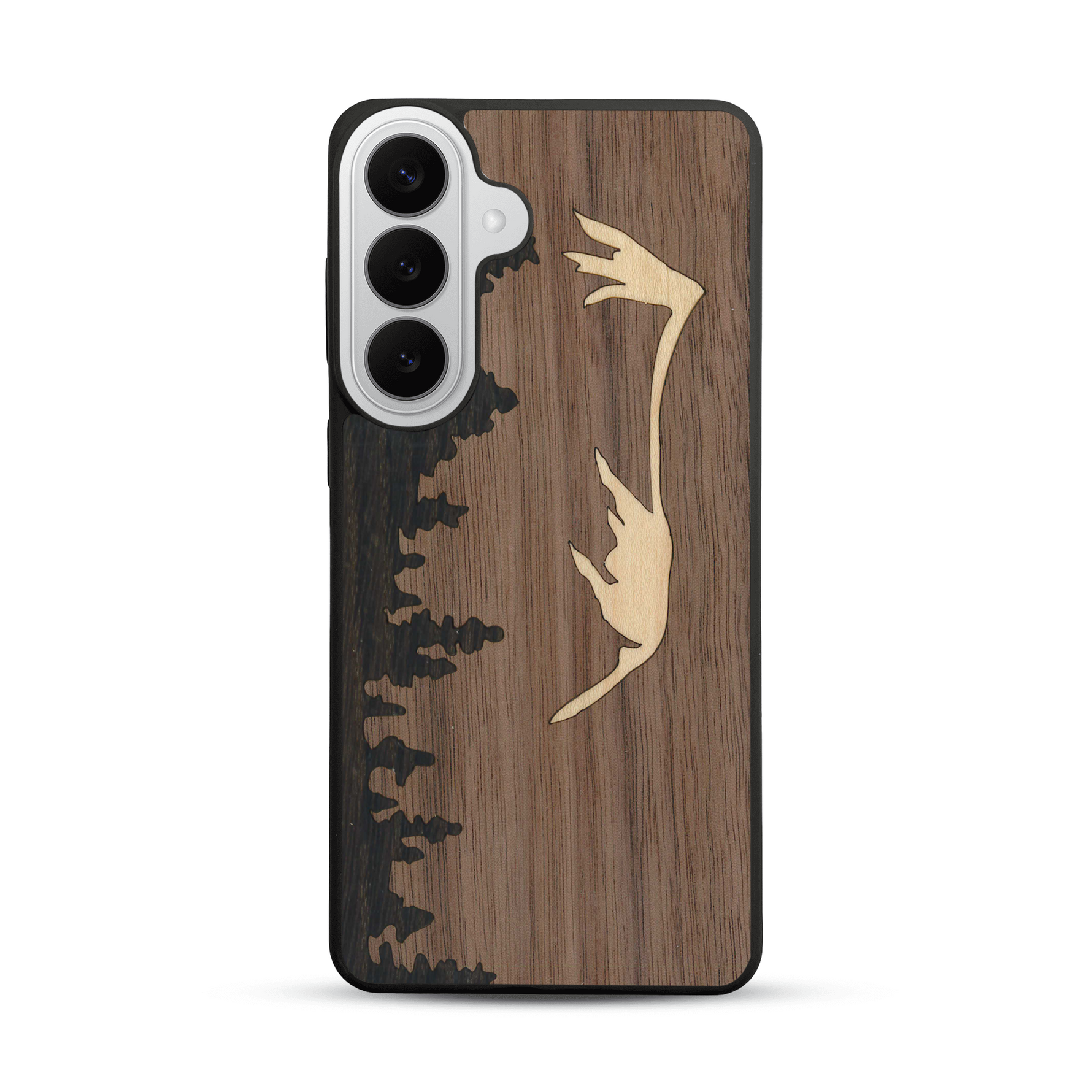 Coque de protection en bois véritable fabriquée en France pour  sur le thème de la nature et de la montagne qui allie du chêne fumé, du noyer et du bambou représentant le mont mézenc