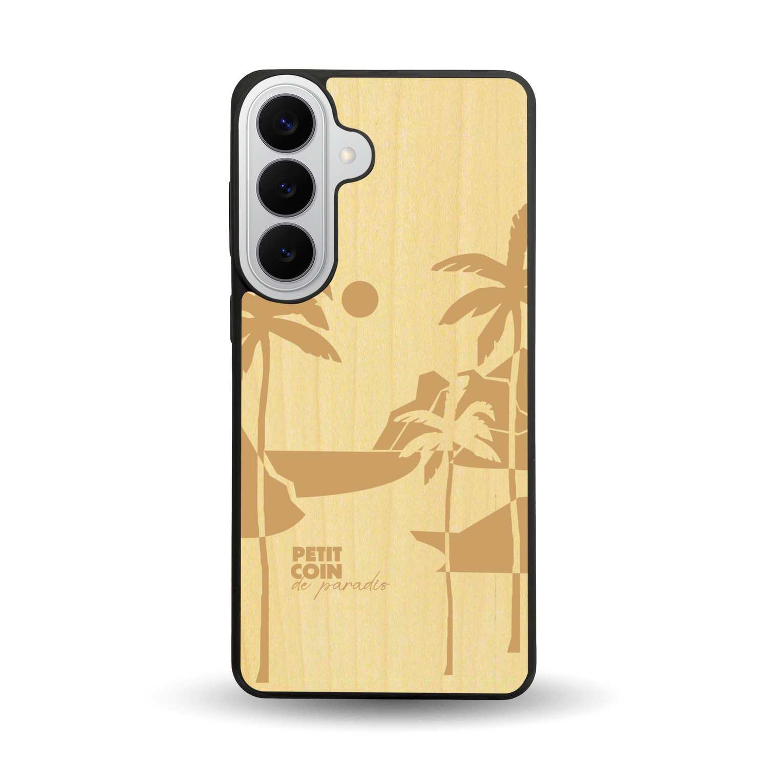 Coque de protection en bois véritable fabriquée en France pour  sur le thème des voyages en vans, vanlife et chill avec une gravure représentant un van vw combi devant le soleil couchant sur une plage avec des vagues
