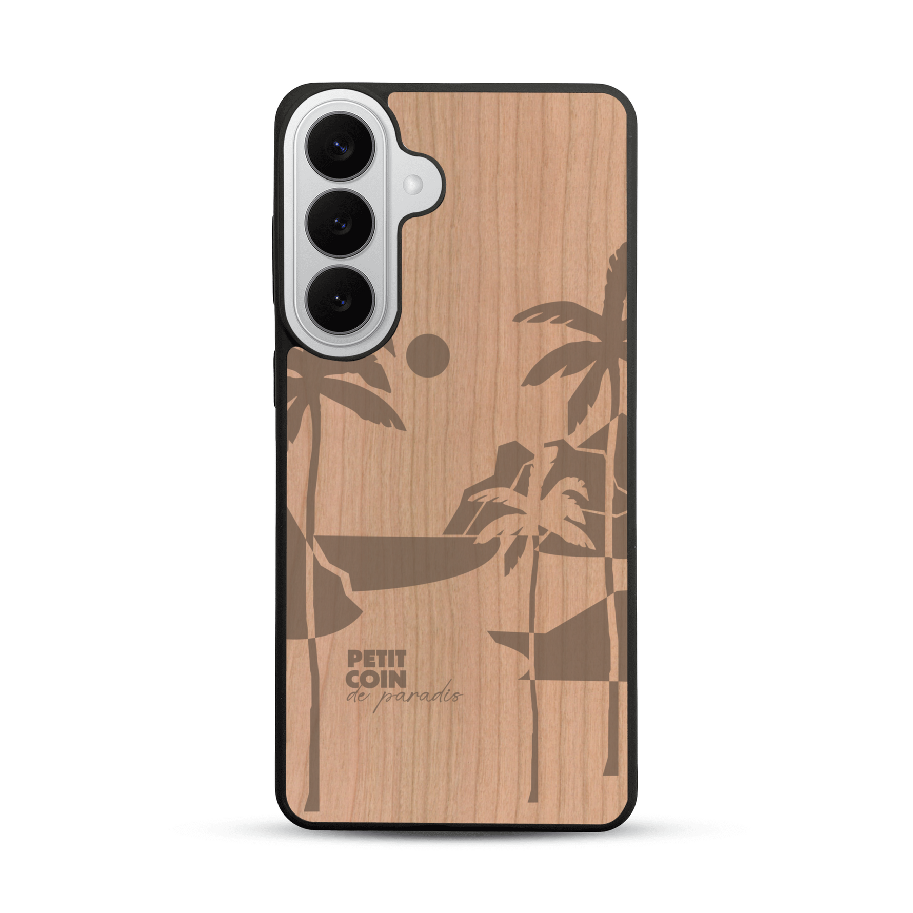 Coque de protection en bois véritable fabriquée en France pour  sur le thème des voyages en vans, vanlife et chill avec une gravure représentant un van vw combi devant le soleil couchant sur une plage avec des vagues