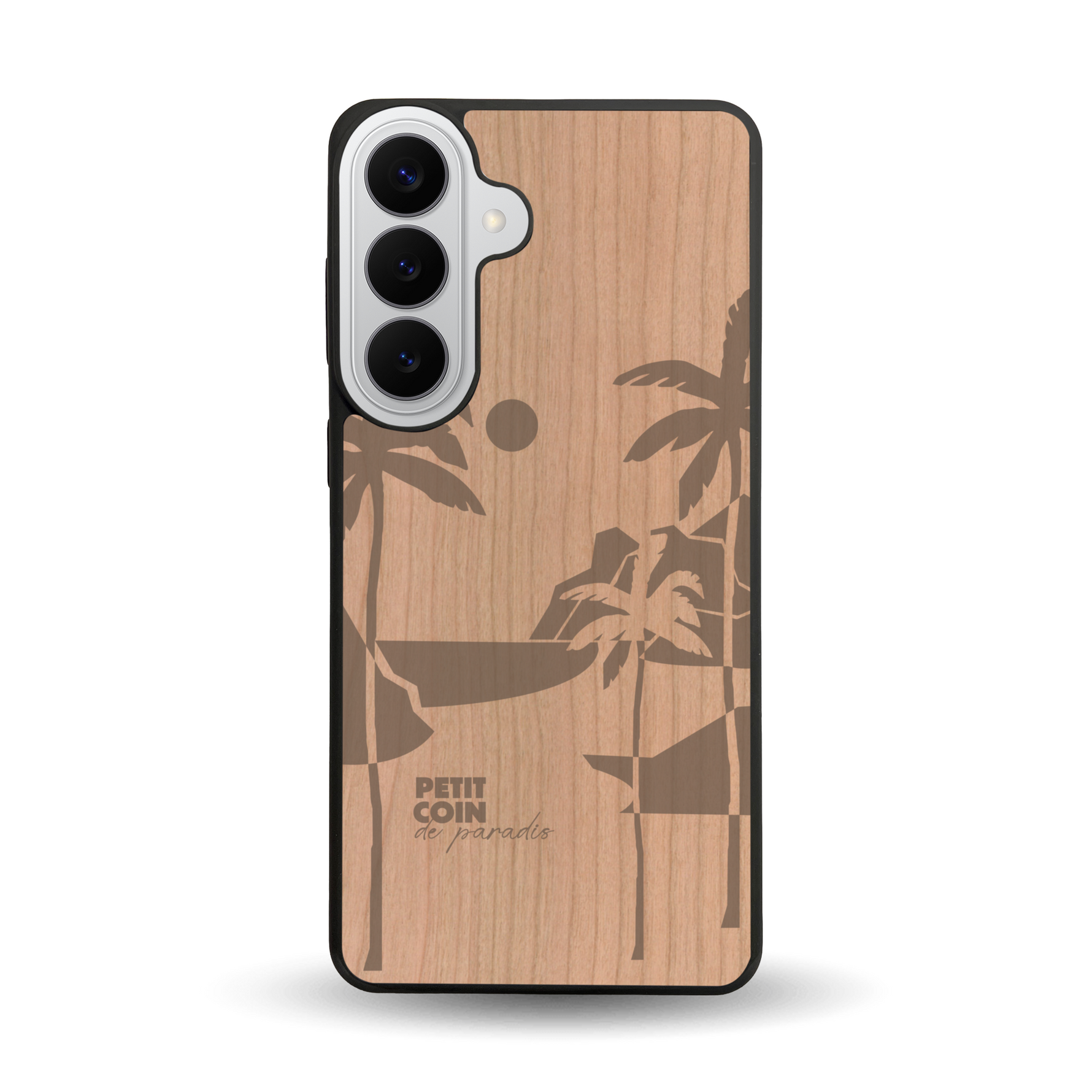 Coque de protection en bois véritable fabriquée en France pour  sur le thème des voyages en vans, vanlife et chill avec une gravure représentant un van vw combi devant le soleil couchant sur une plage avec des vagues