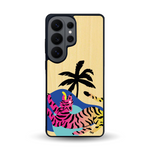 Coque de protection en bois véritable fabriquée en France pour Samsung S26 représentant un tigre coloré avec un design moderne et minimaliste sur le thème de la jungle et de la nature