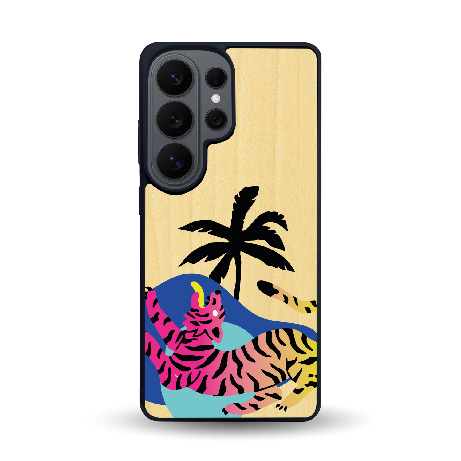 Coque de protection en bois véritable fabriquée en France pour Samsung S26 représentant un tigre coloré avec un design moderne et minimaliste sur le thème de la jungle et de la nature