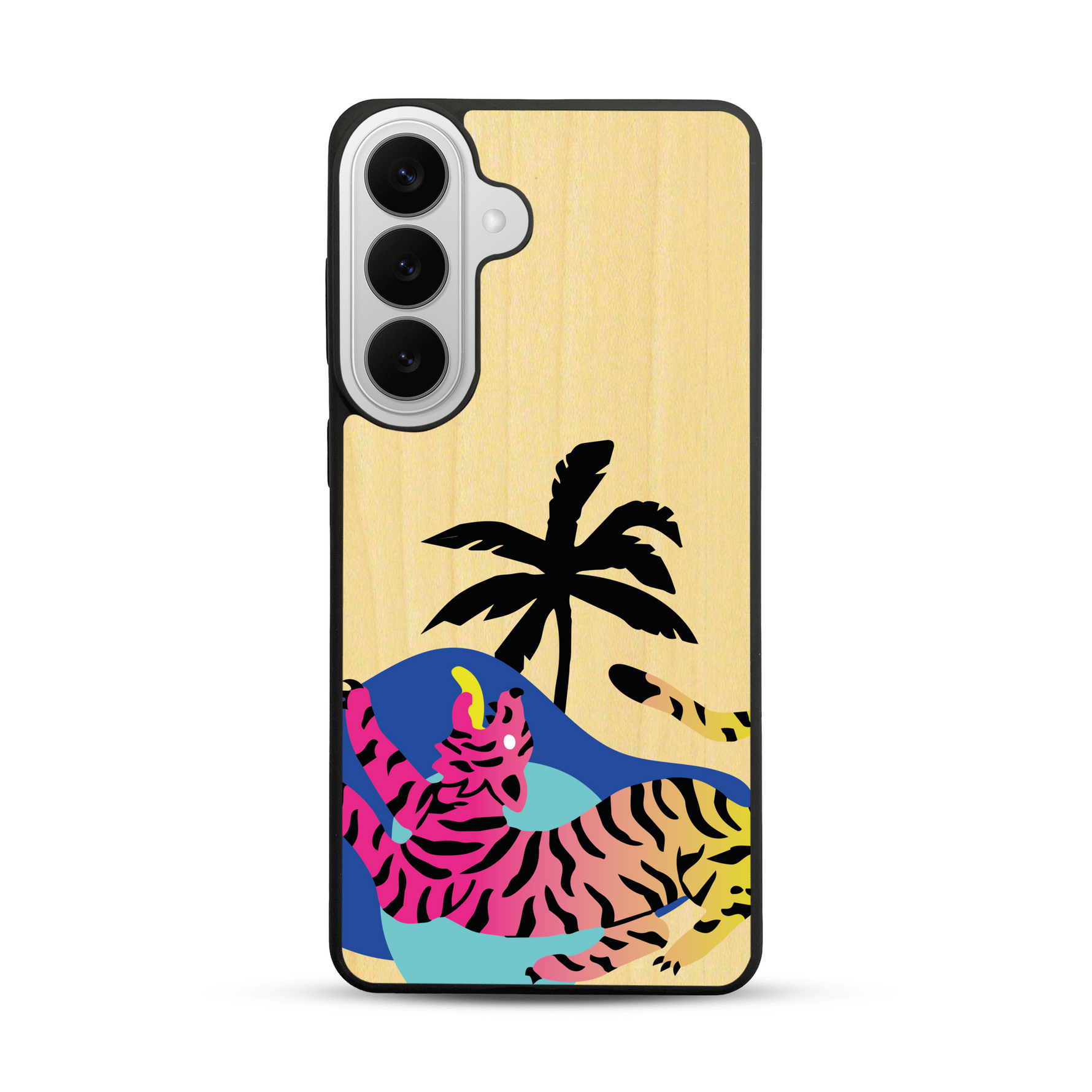 Coque de protection en bois véritable fabriquée en France pour  représentant un tigre coloré avec un design moderne et minimaliste sur le thème de la jungle et de la nature
