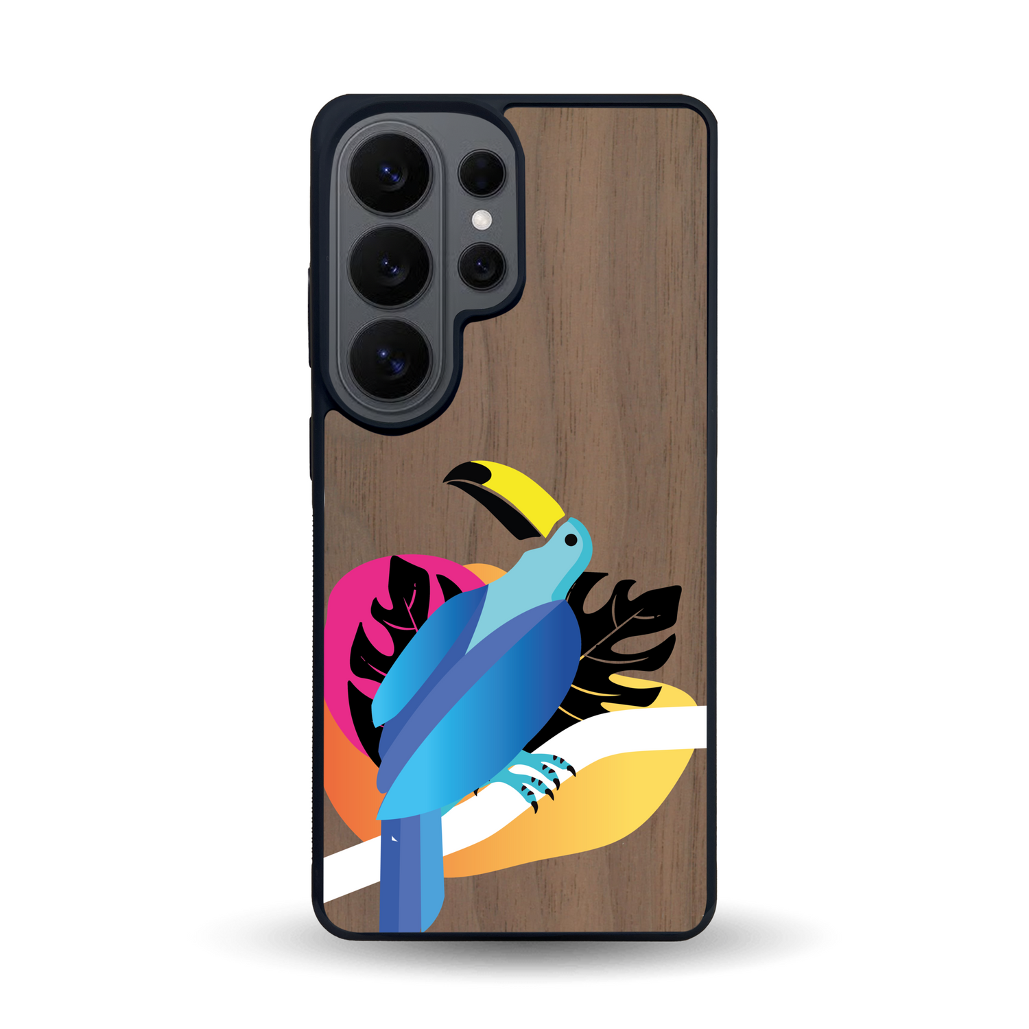 Coque de protection en bois véritable fabriquée en France pour Samsung S26 représentant un toucan coloré avec un design moderne et minimaliste sur le thème de la jungle et de la nature