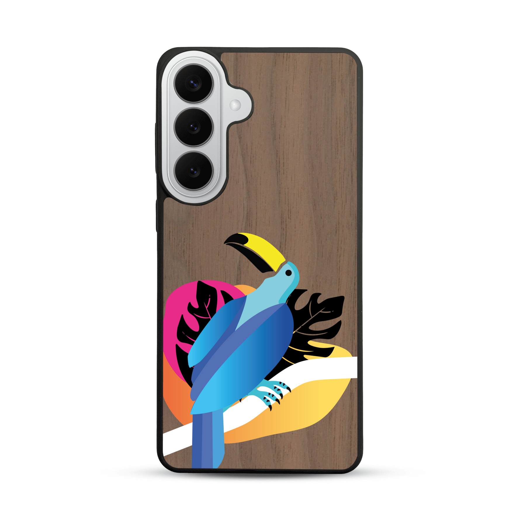 Coque de protection en bois véritable fabriquée en France pour  représentant un toucan coloré avec un design moderne et minimaliste sur le thème de la jungle et de la nature