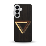 Coque de protection en bois véritable fabriquée en France pour  sur le thème de l'art géométrique qui allie du chêne fumé, du noyer, du bambou et du padouk représentant le triangle de penrose