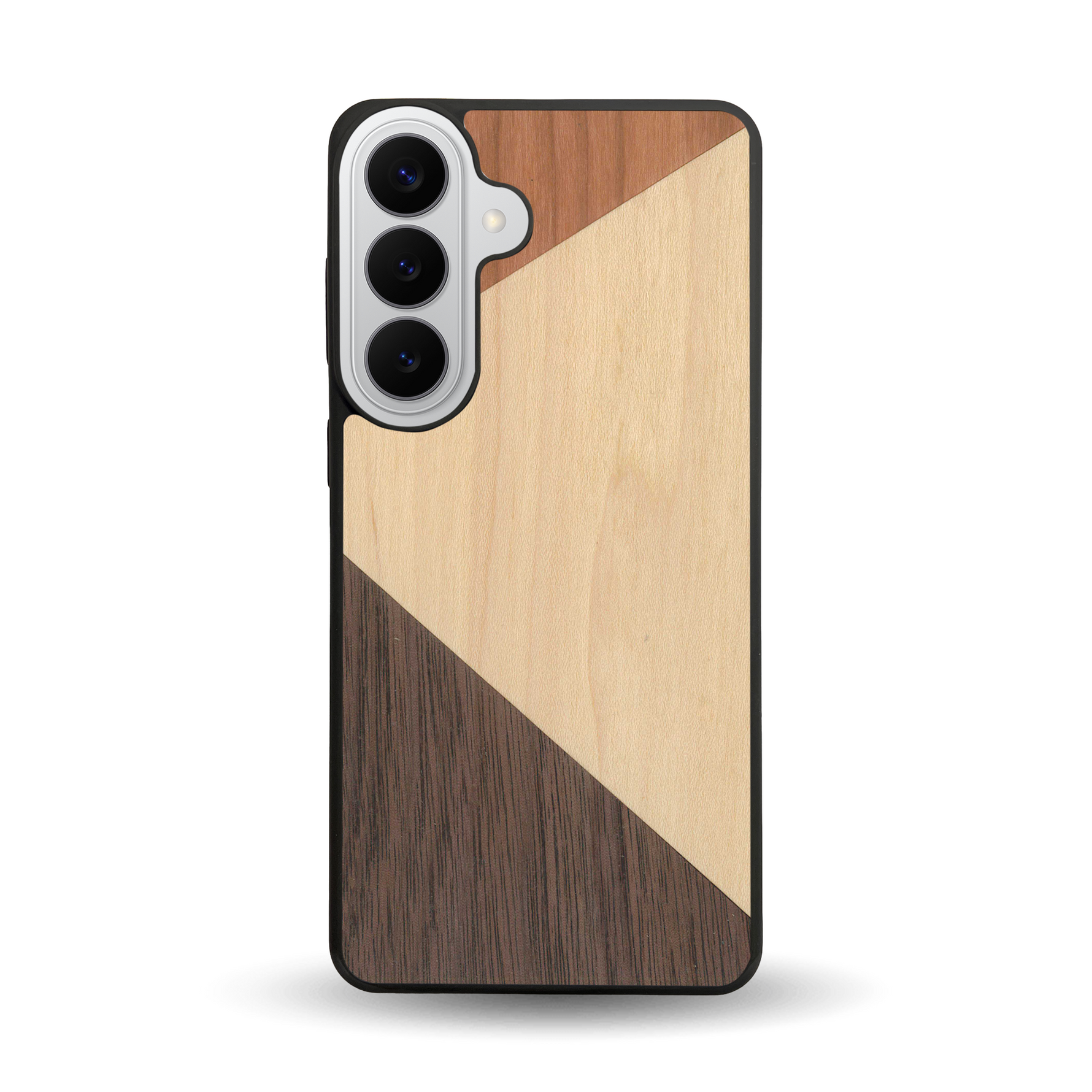 Coque de protection en bois véritable fabriquée en France pour  alliant du merisier, du noyer et du bambou formant chacun deux triangles et un trapèze avec deux jointures en diagonale sur le thème de l'art abstrait