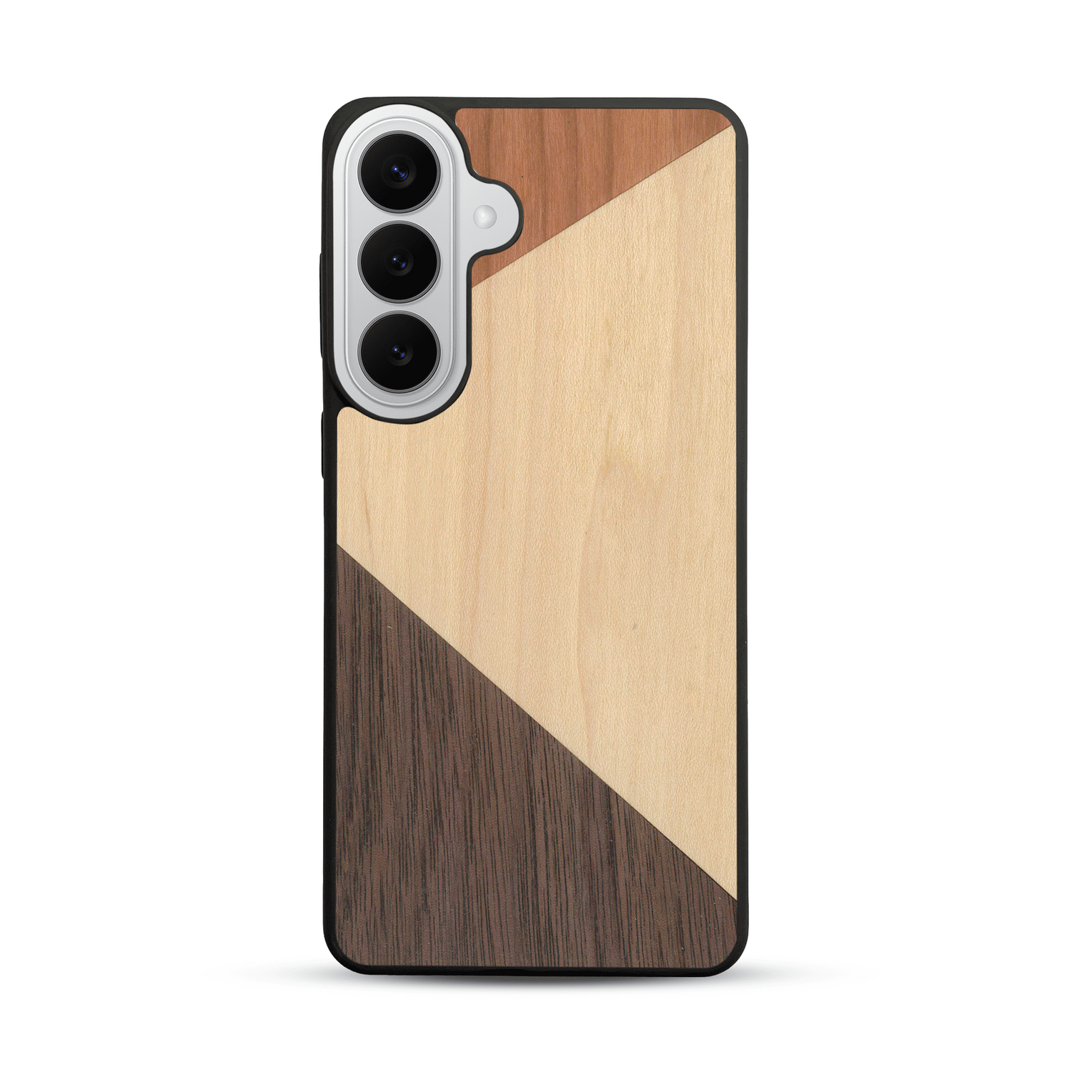 Coque de protection en bois véritable fabriquée en France pour  alliant du merisier, du noyer et du bambou formant chacun deux triangles et un trapèze avec deux jointures en diagonale sur le thème de l'art abstrait