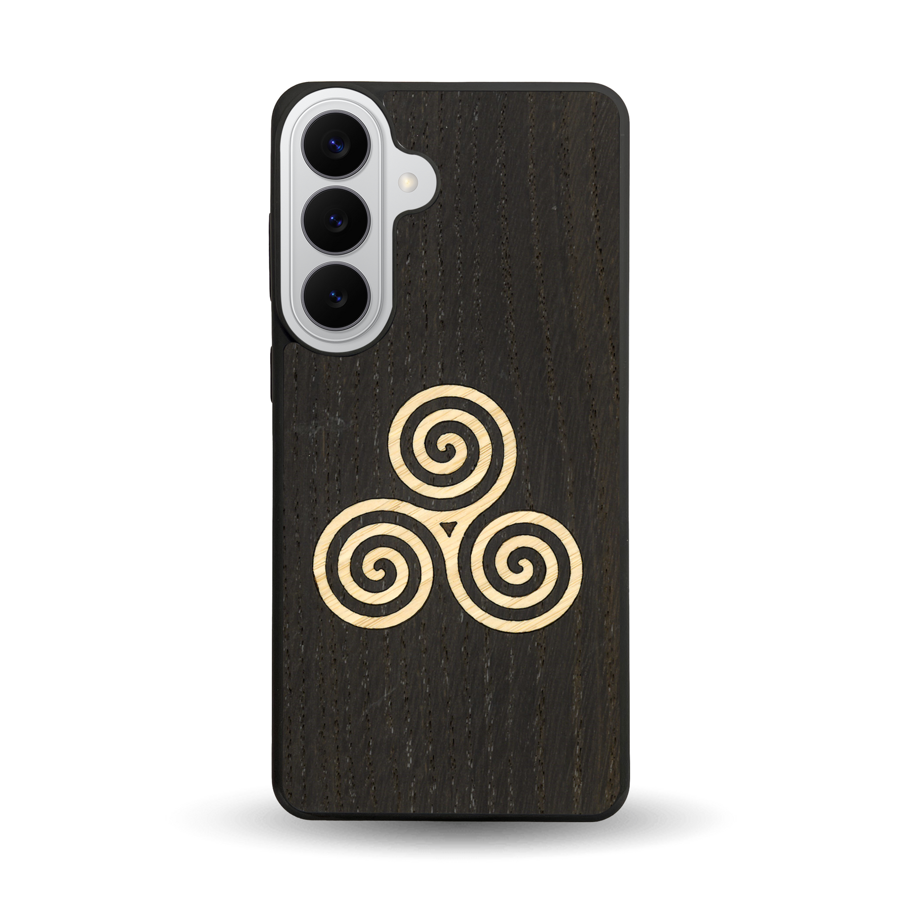 Coque de protection en bois véritable fabriquée en France pour  alliant du chêne fumé et du bambou et doré représentant un triskell
