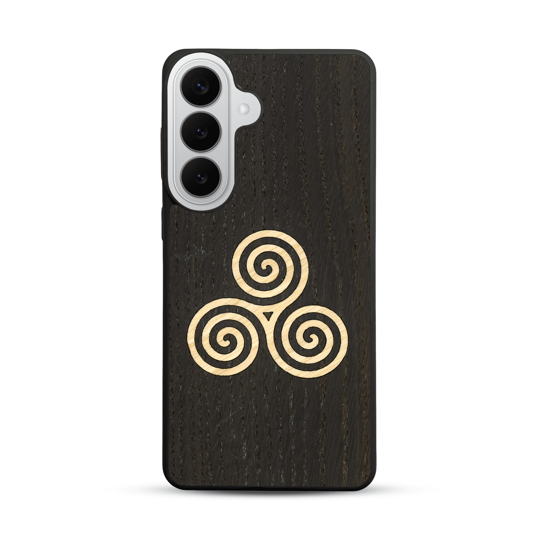 Coque de protection en bois véritable fabriquée en France pour  alliant du chêne fumé et du bambou et doré représentant un triskell