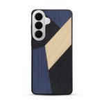 Coque de protection en bois véritable fabriquée en France pour  alliant du bambou, du tulipier bleu et noir en forme de mosaïque minimaliste sur le thème de l'art abstrait