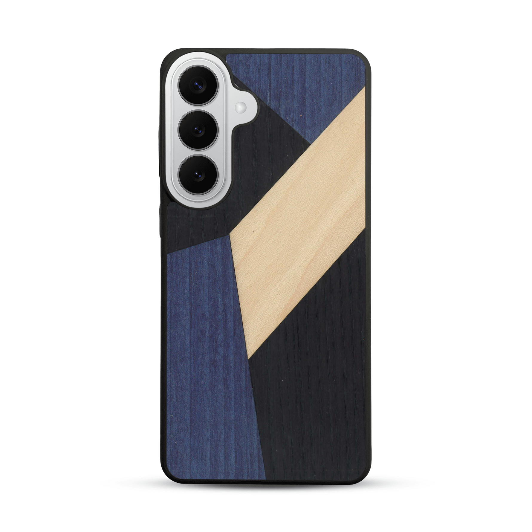 Coque de protection en bois véritable fabriquée en France pour  alliant du bambou, du tulipier bleu et noir en forme de mosaïque minimaliste sur le thème de l'art abstrait
