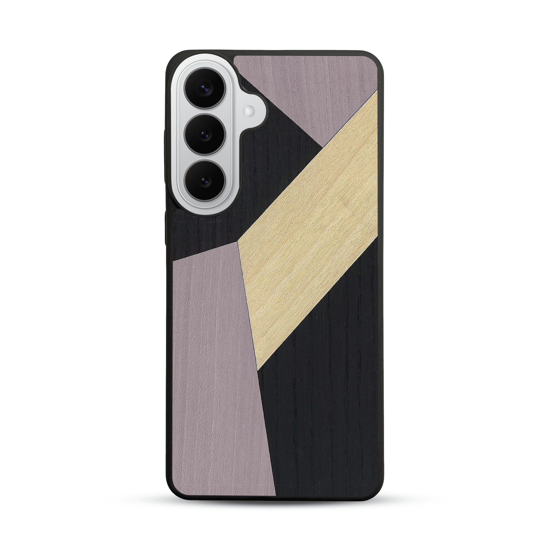 Coque de protection en bois véritable fabriquée en France pour  alliant du bambou, du tulipier mauve et noir en forme de mosaïque minimaliste sur le thème de l'art abstrait