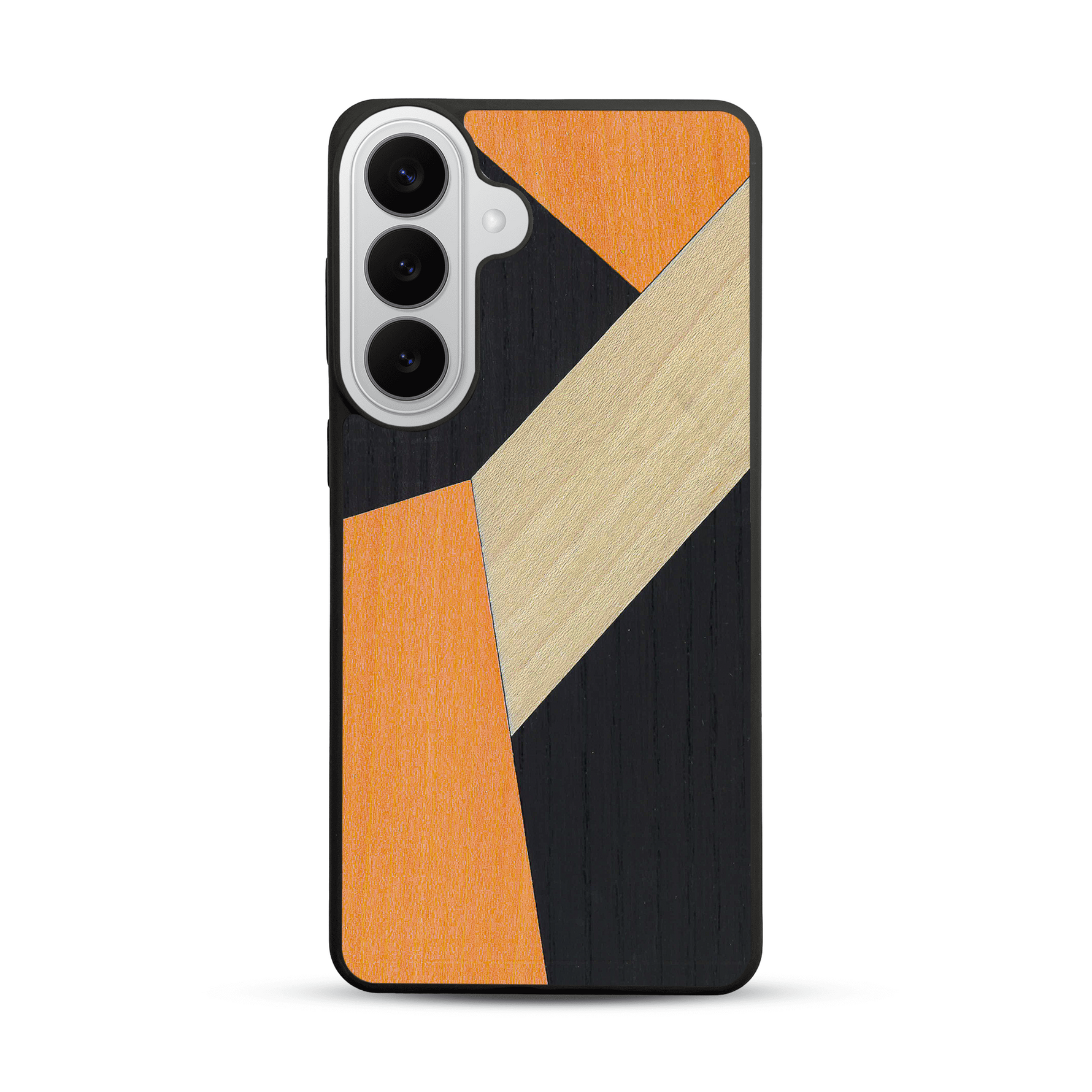Coque de protection en bois véritable fabriquée en France pour  alliant du bambou, du tulipier orange et noir en forme de mosaïque minimaliste sur le thème de l'art abstrait