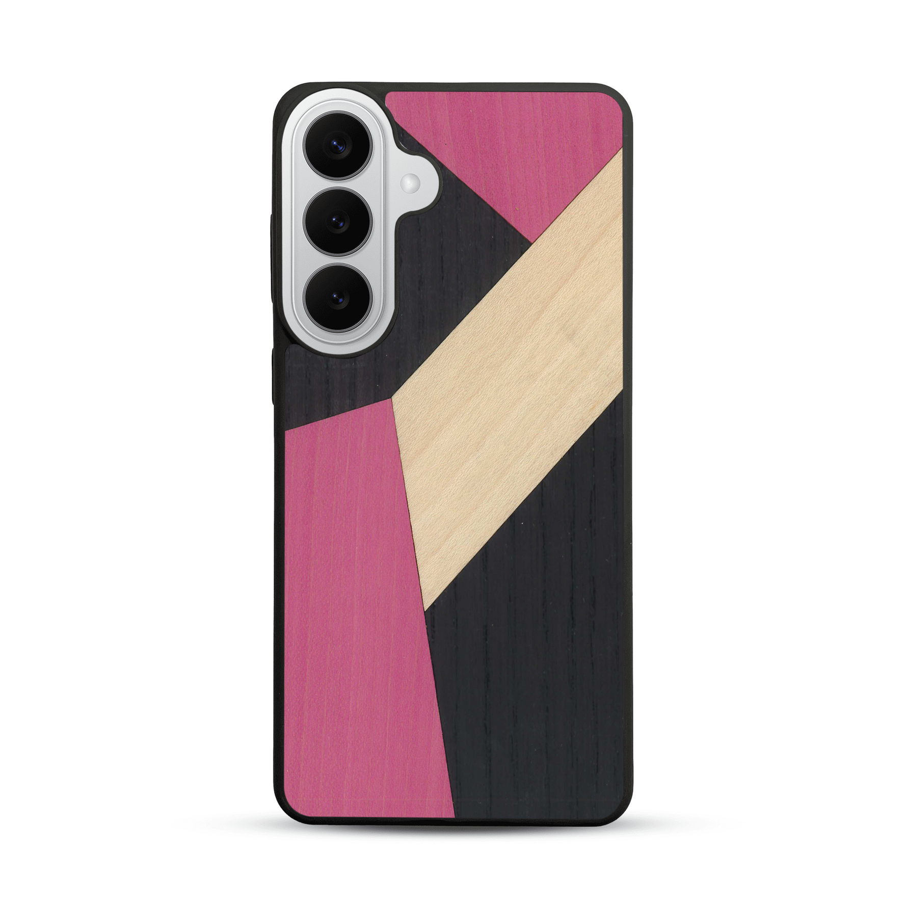Coque de protection en bois véritable fabriquée en France pour  alliant du bambou, du tulipier rose et noir en forme de mosaïque minimaliste sur le thème de l'art abstrait